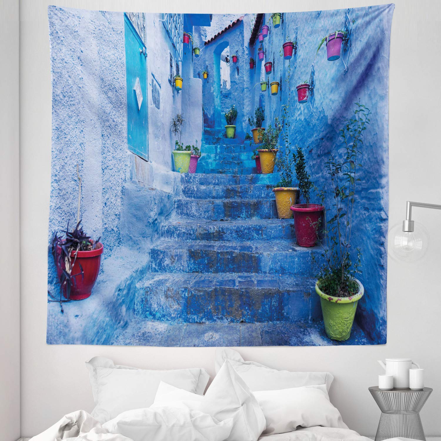 Ambesonne Blue Queen Size Tapestry - Moroccan Chefchaouen Travel Village Street with Colorful Flower Pots, 88