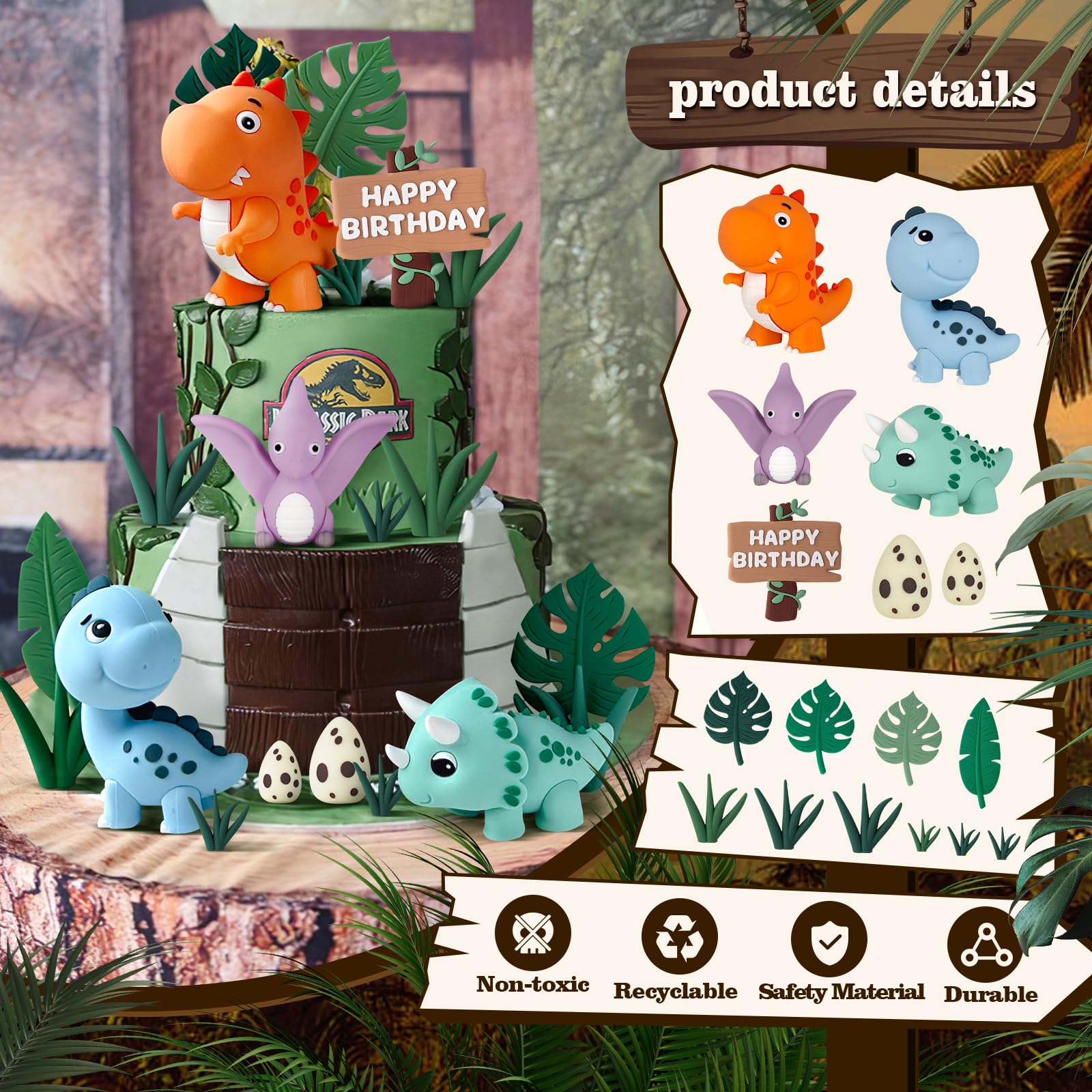 17PCS Dinosaur Cake Topper Set - Dinosaur Eggs, Leaves & Grass Decorations with Happy Birthday Sign - Safari Animal Theme Party Supplies for Birthday Cakes, Cupcakes & Desserts - Perfect for Kids Birthday Parties, Baby Showers & Jurassic Themed Events