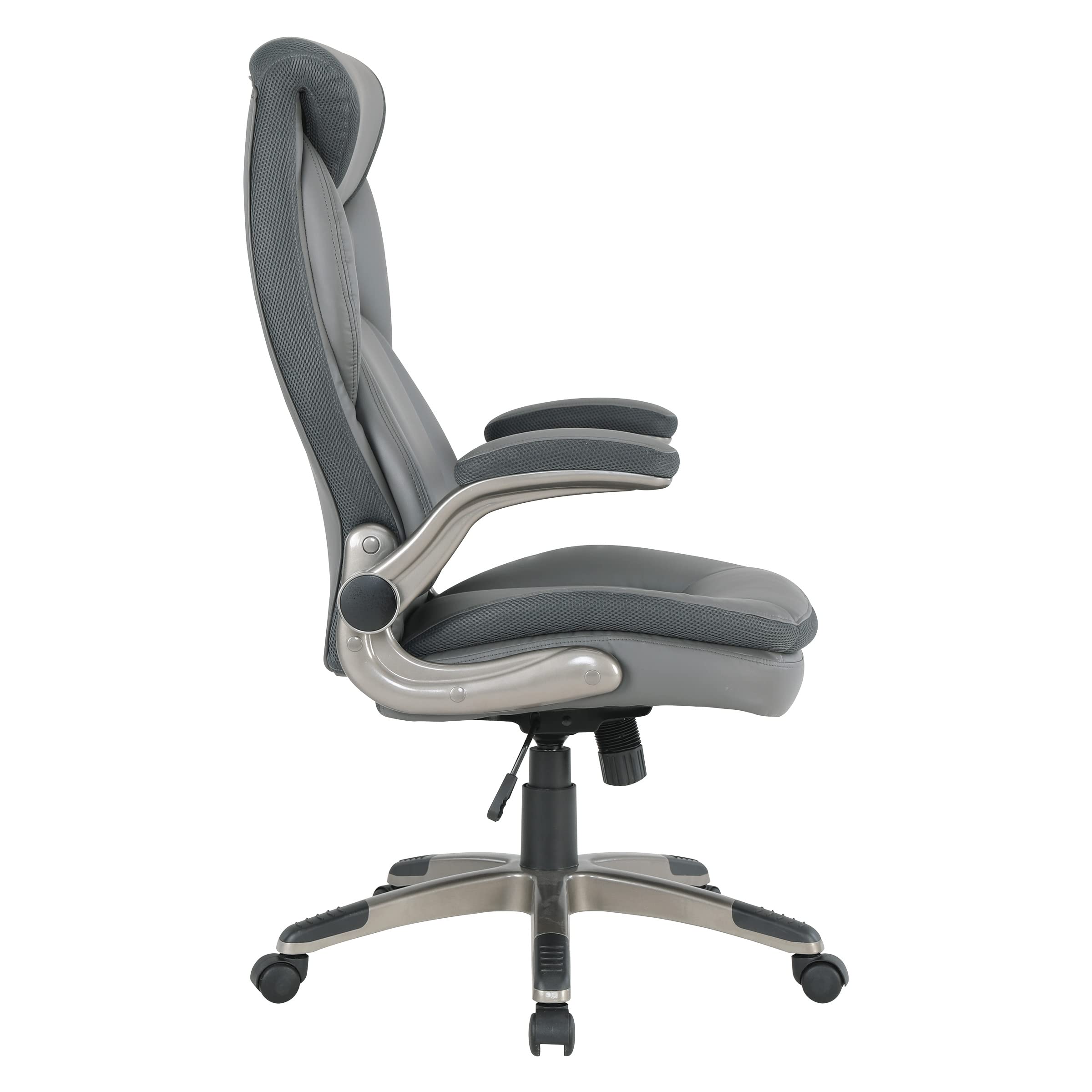 Office Star ECH Series Executive Bonded Leather Office Chair with Lumbar Support & Adjustable Arms - Charcoal with Titanium Base - Ergonomic Desk Chair for Home Office & Workspace