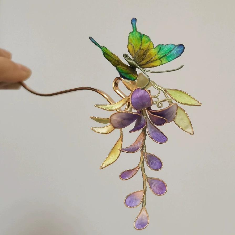 Exquisite Butterfly & Wisteria Silk Hair Clip - Handmade Floral Hairpin for Women (Ronghua) - Perfect for Weddings, Parties & Special Occasions