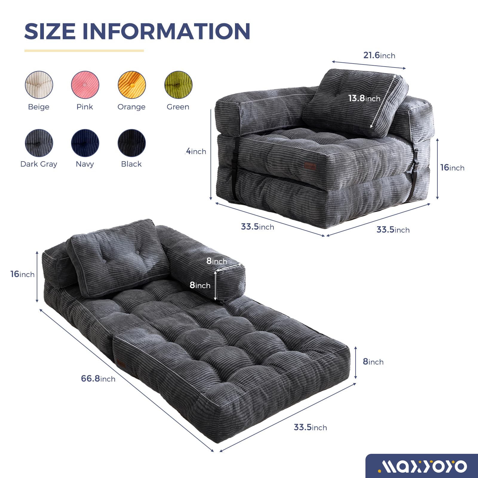 MAXYOYO L-Shaped Convertible Folding Sofa Bed with Armrest - Foldable Sleeper Sofa with Pillow, Portable Fold Out Chair Bed for Living Room & Bedroom - Comfortable Floor Lounge Furniture for Small Spaces, Guest Room & Studio Apartment (Dark Grey)