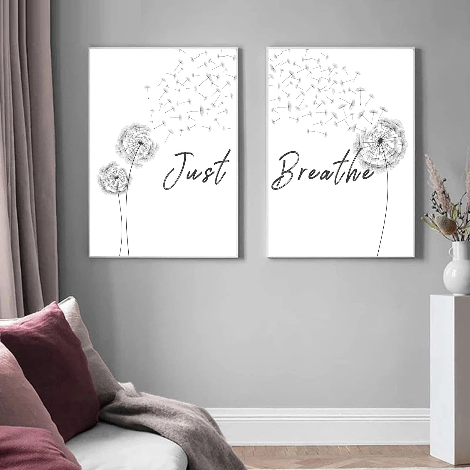 Just Breathe Wall Art Canvas - Dandelion Print Meditation Decor for Office & Bathroom - 12x16 Inch Set of 2 - Relaxing Home Decor for Stress Relief & Mindfulness Practice
