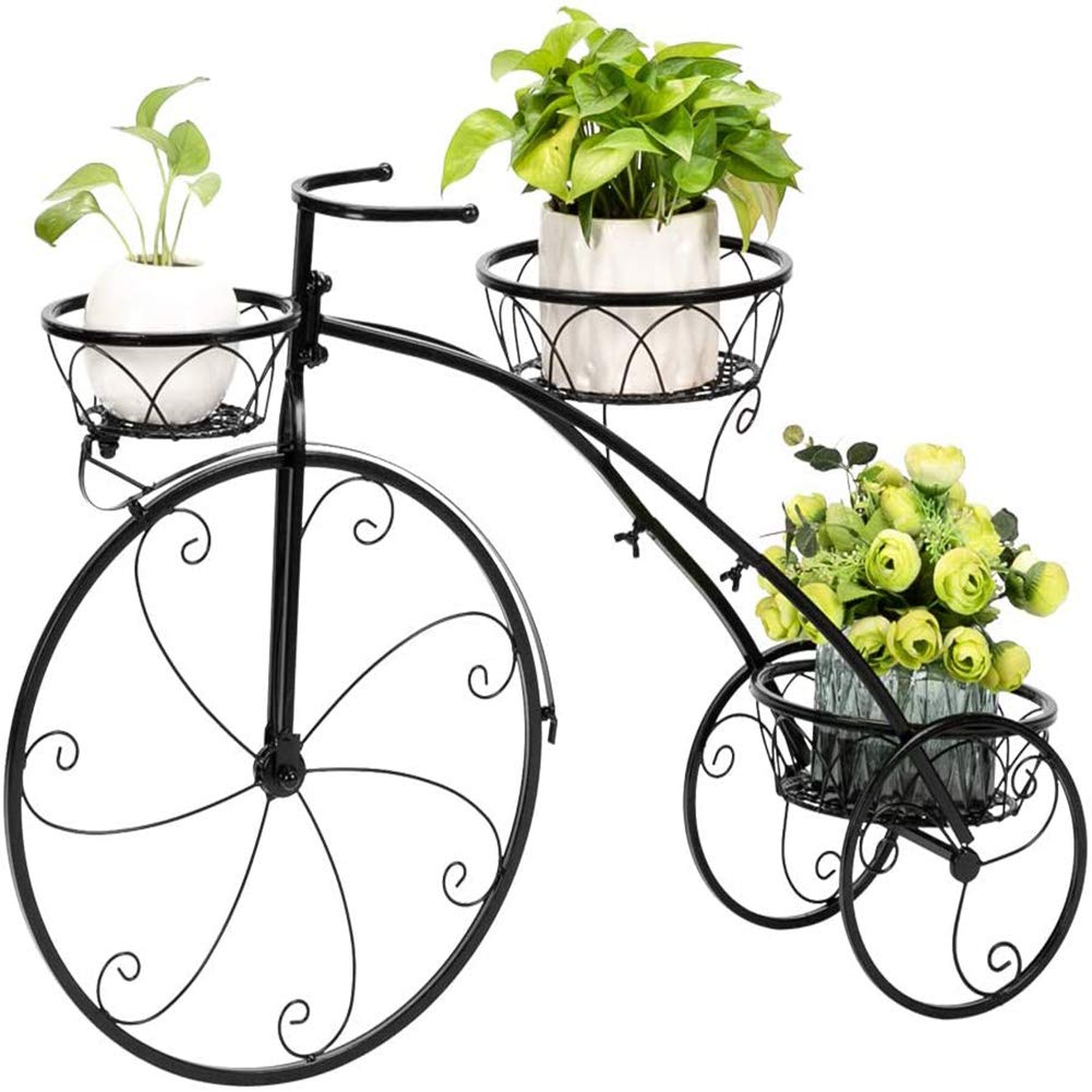 Black Indoor Outdoor Garden Plant Stand - Tricycle Flower Pot Holder for Herbs, Flowers, and Plants | Perfect for Patios, Porches, Balconies, and Home Decor