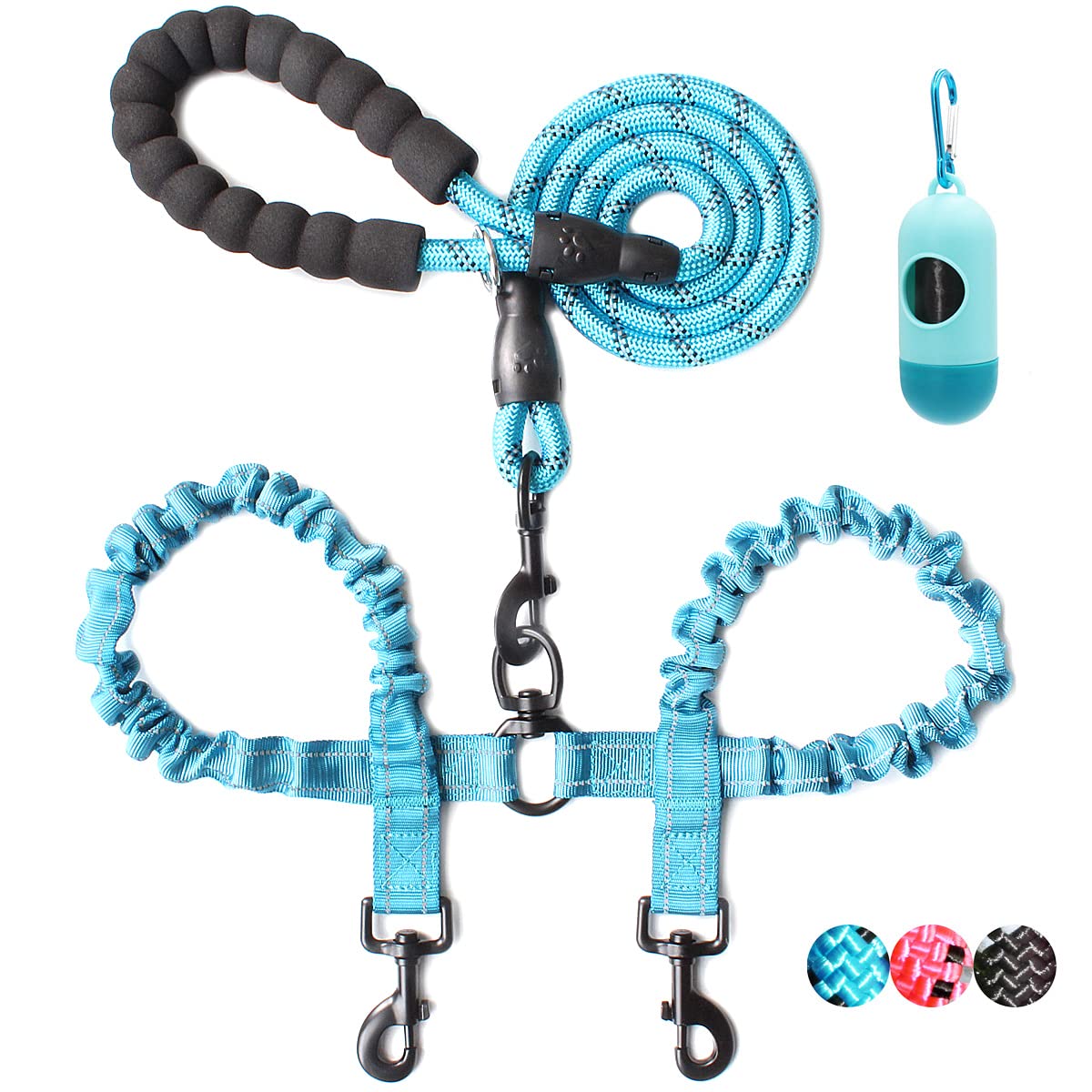 BAAPET 4 FT Double Dog Leash with Shock Absorbing Bungee & Poop Bags - Tangle Free Rope Leash for Small Medium Large Dogs (Medium/Large, Blue) - Perfect for Walking, Running & Training Two Dogs at Once