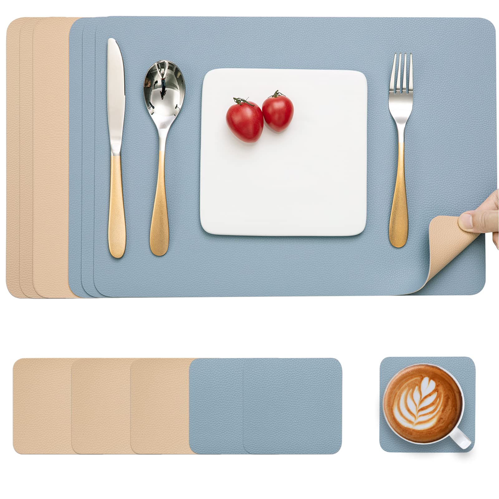 Myir JUN 6-Piece Faux Leather Placemats & Coasters Set - Dual-Sided, Stain-Resistant Table Mats for Dining Room - Camel Yellow & Light Blue - Perfect for Dinner Parties, Home Decor, and Daily Use