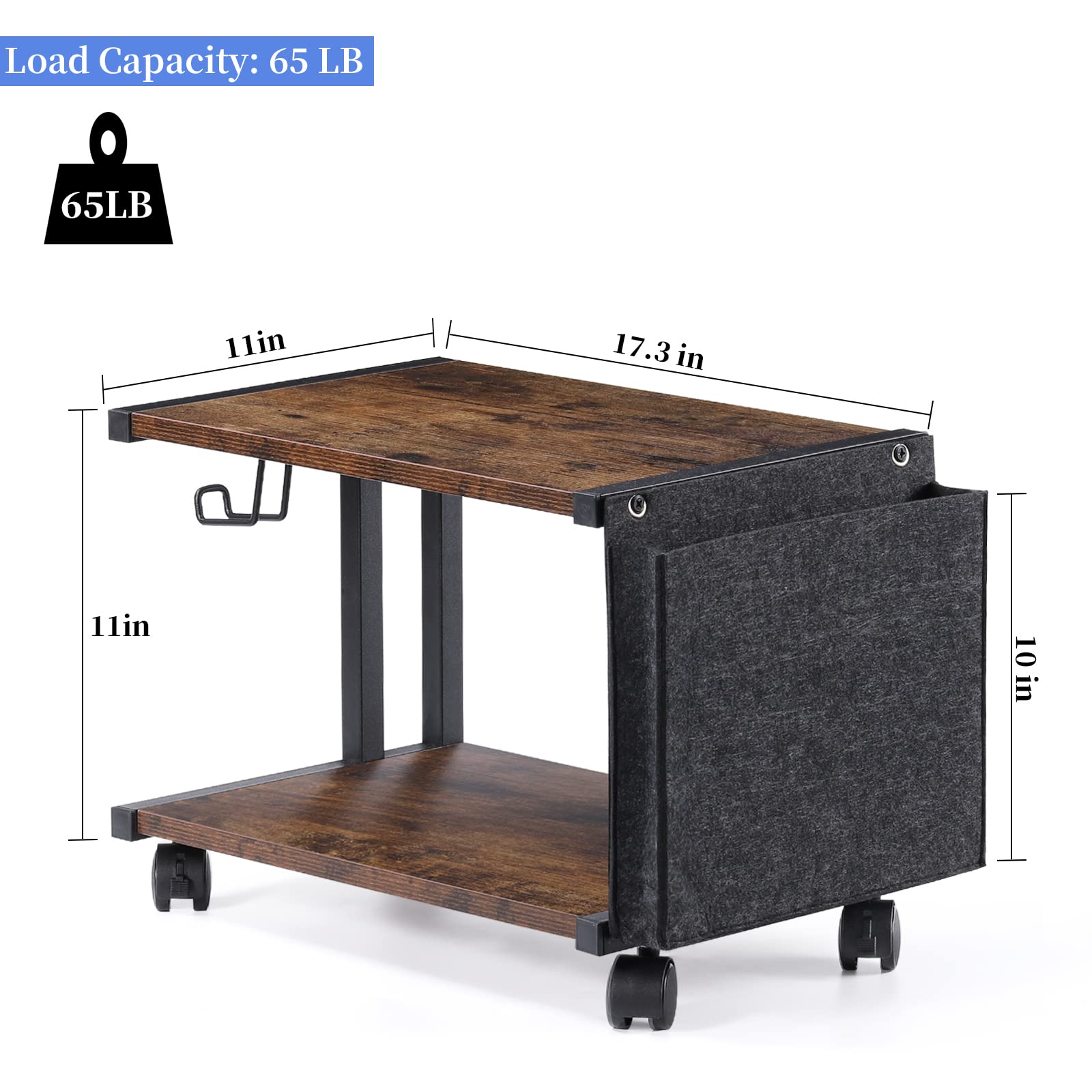 2-Tier Rolling Printer Stand with Storage Bag - Under Desk Mobile Printer Table for Fax Machine, Scanner & Files - Compact Desktop Shelf with Wheels (Brown) - Perfect for Home Office & Small Workspaces