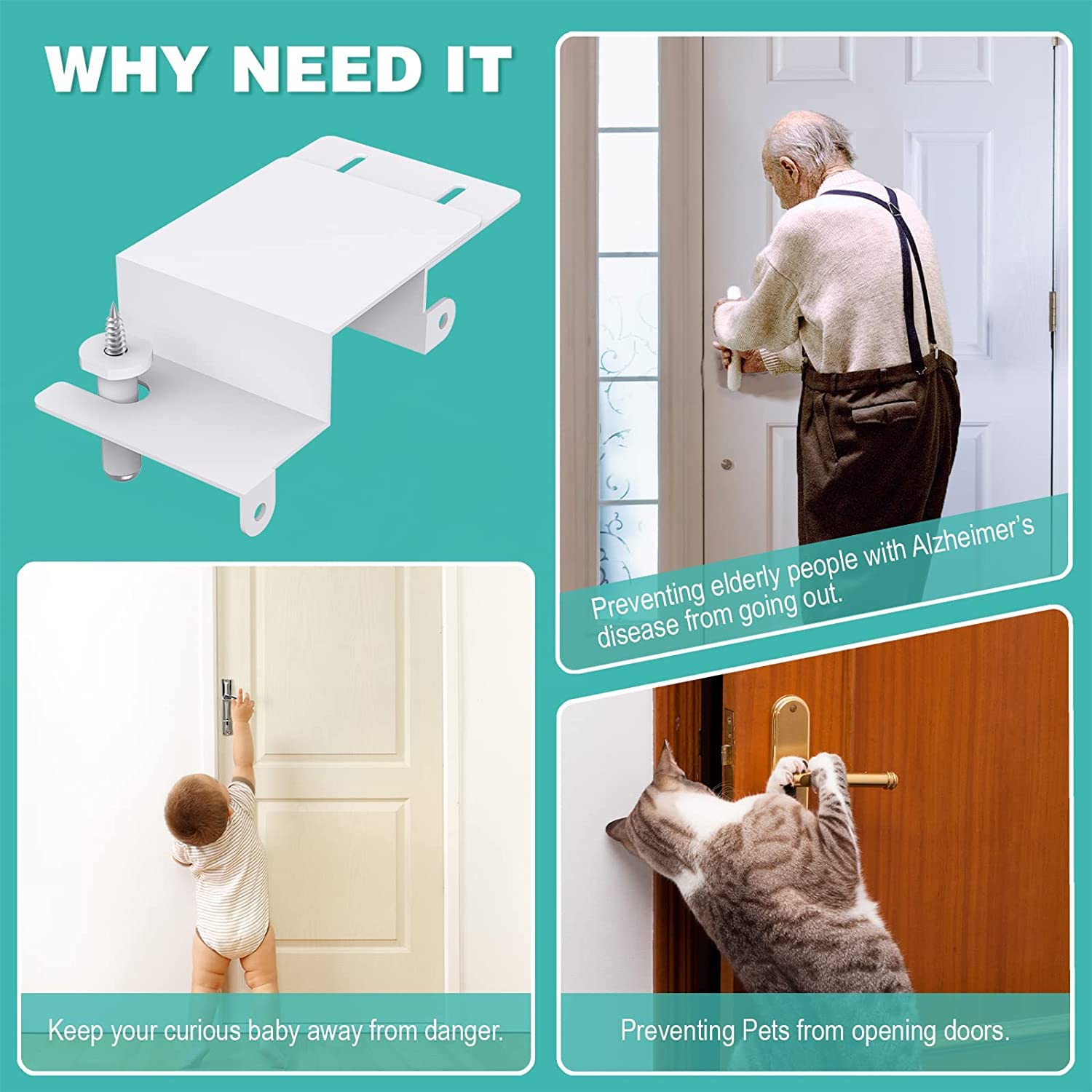 BILLROAD Child Proof Door Top Lock - Heavy Duty Metal Baby Safety Door Lock for Kids | Adjustable Child Safety Latch for 0.8-2 Inch Thick Interior Doors (2 Pack) | Perfect for Nursery, Bedroom & Pet Safety