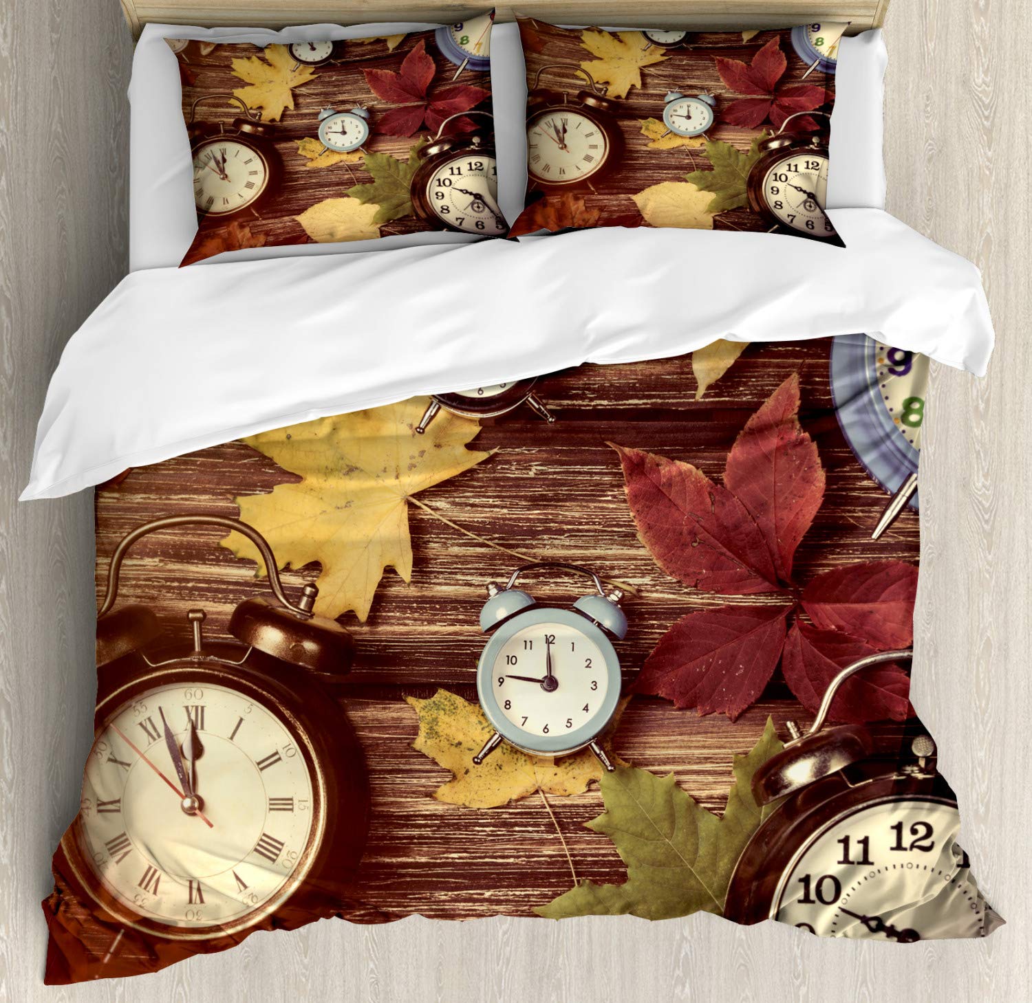 Ambesonne Autumn Duvet Cover Set - California King Size, 3-Piece Bedding with 2 Pillow Shams | Vibrant Dry Maple Leaves & Vintage Alarm Clocks Wood Plank Print | Cozy Fall Decor for Master Bedroom, Guest Room & Seasonal Home Staging