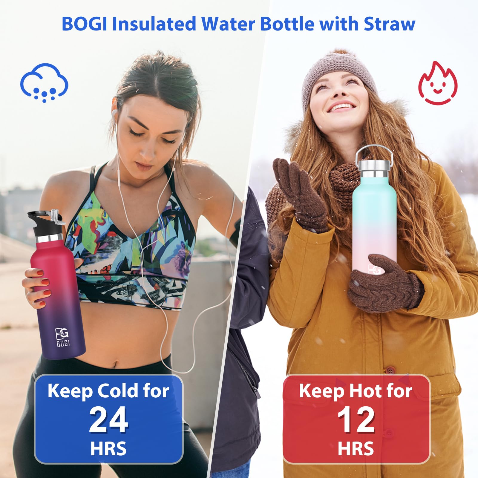 BOGI 24oz Insulated Stainless Steel Water Bottle - 2 Pack Wide Mouth Leakproof Metal Bottles with Straw & Handle, BPA Free for School, Gym, Hiking, Camping & Outdoor Activities - Keeps Drinks Cold for 24 Hours & Hot for 12 Hours