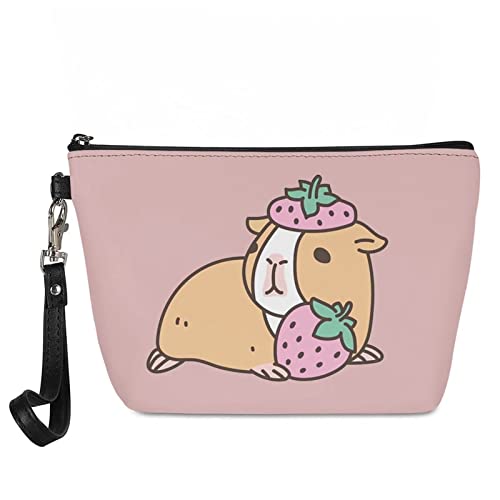 Showudesigns Cute Strawberry Print PU Leather Makeup Bag for Women - Travel Cosmetic Pouch with Zipper for Purse, Toiletries & Essentials - Perfect for Travel, Gym, Work & Daily Use (Pink)