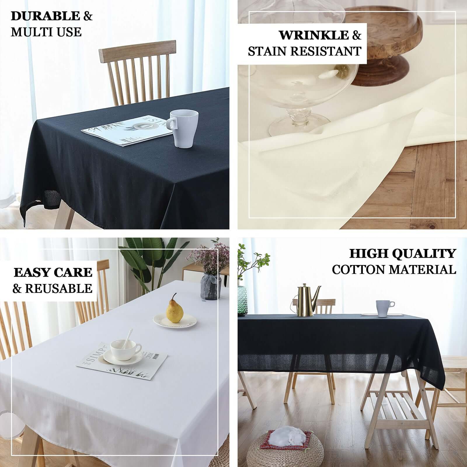 Premium 100% Cotton 60x102 Rectangle Tablecloth - Soft & Breathable Black Linen Table Cover for Dining, Parties, and Events - Washable & Wrinkle-Resistant