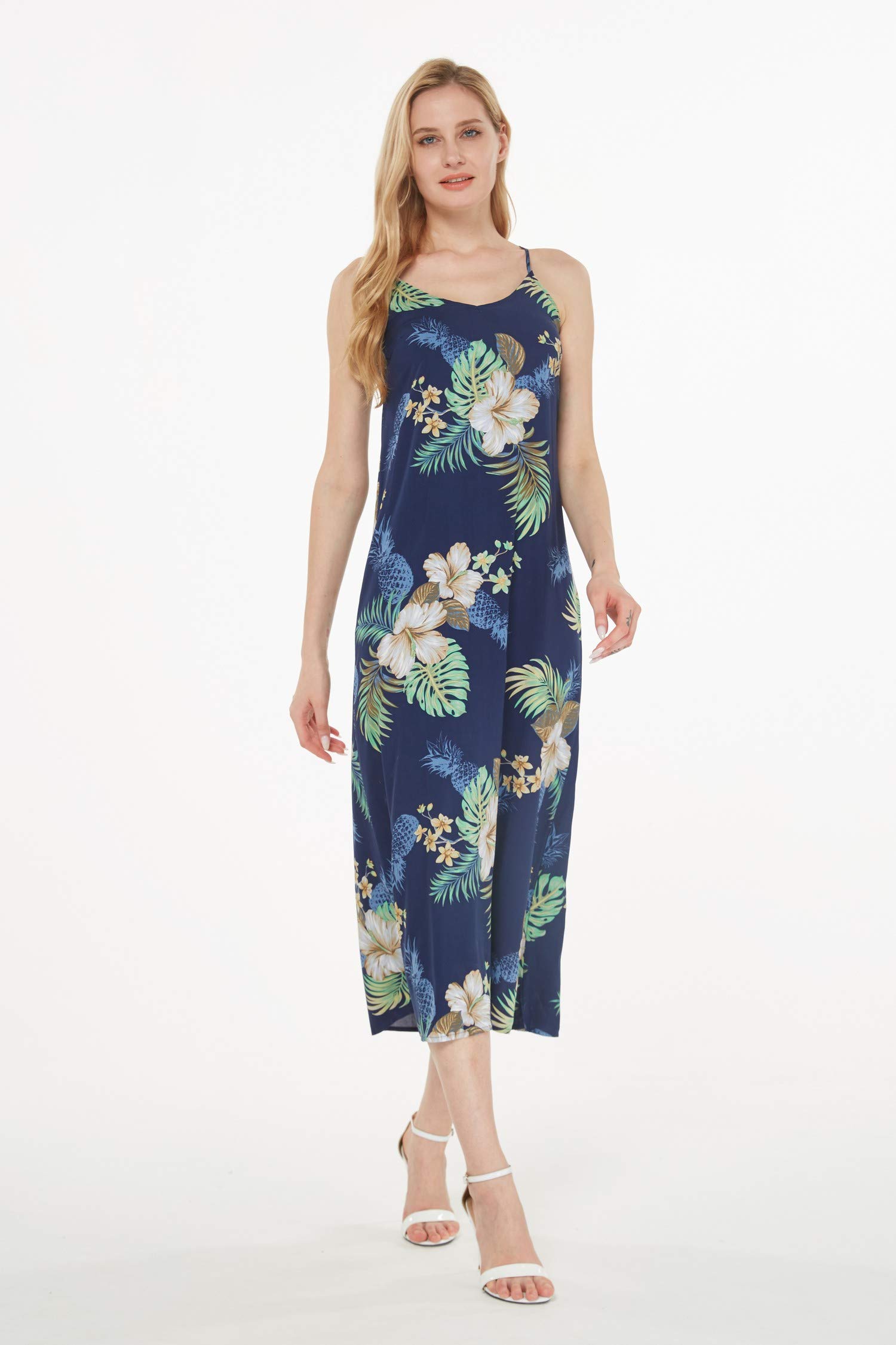 Women's Hawaiian Luau Pineapple Print Maxi Dress - Navy Blue Sweetheart Neckline Summer Beach Party Dress for Vacation, Luau Party & Tropical Getaway