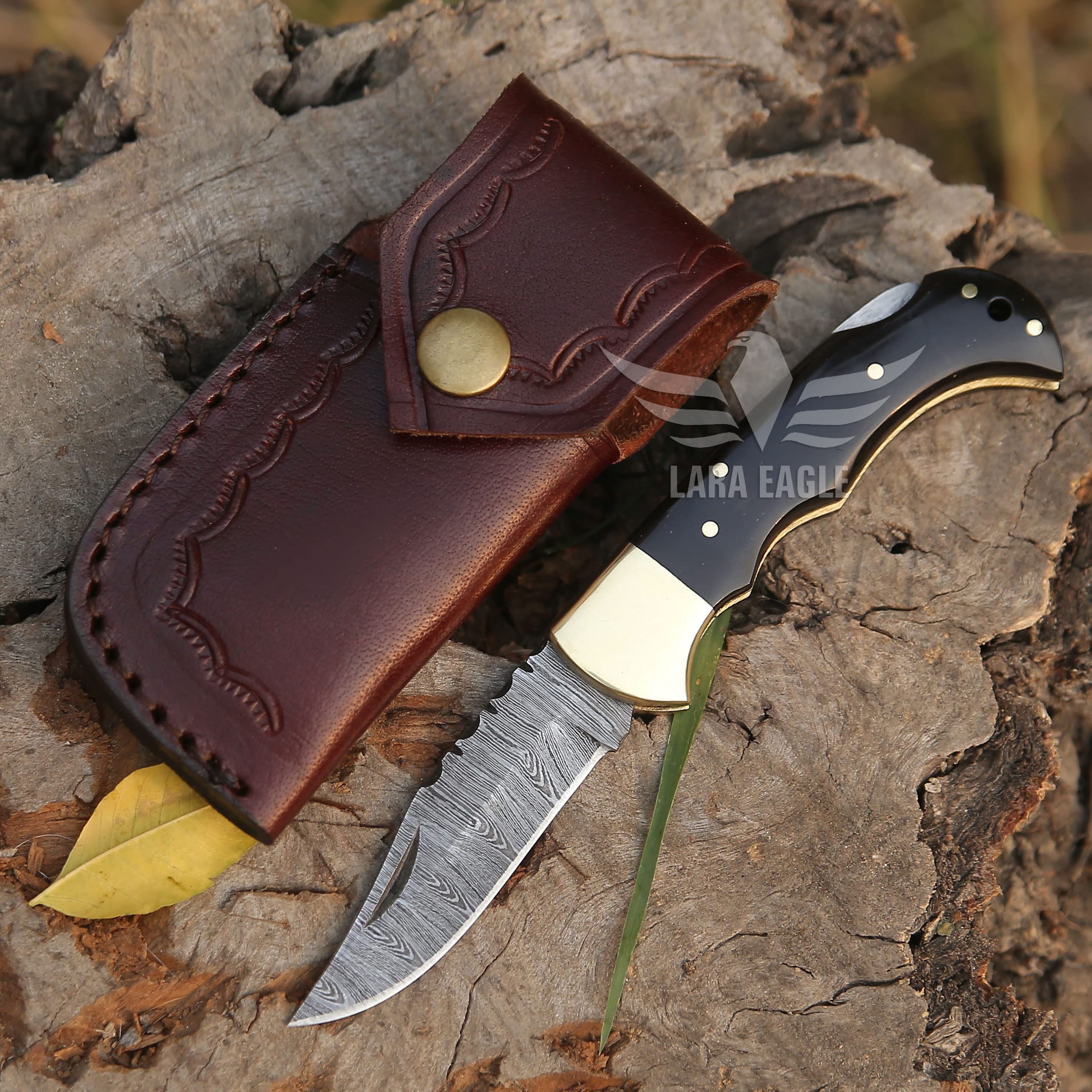 Premium Damascus Pocket Knife for Men - 133 Layer High Carbon Steel Handcrafted Folding Hunting Knife with Sharpener & Leather Sheath - Perfect Outdoor Survival Tool for Camping, Hunting, Hiking - Ideal Father's Day Gift for Husband, Dad (Buffalo Horn Handle) - Great for Bushcraft, Fishing, and Everyday Carry (EDC)