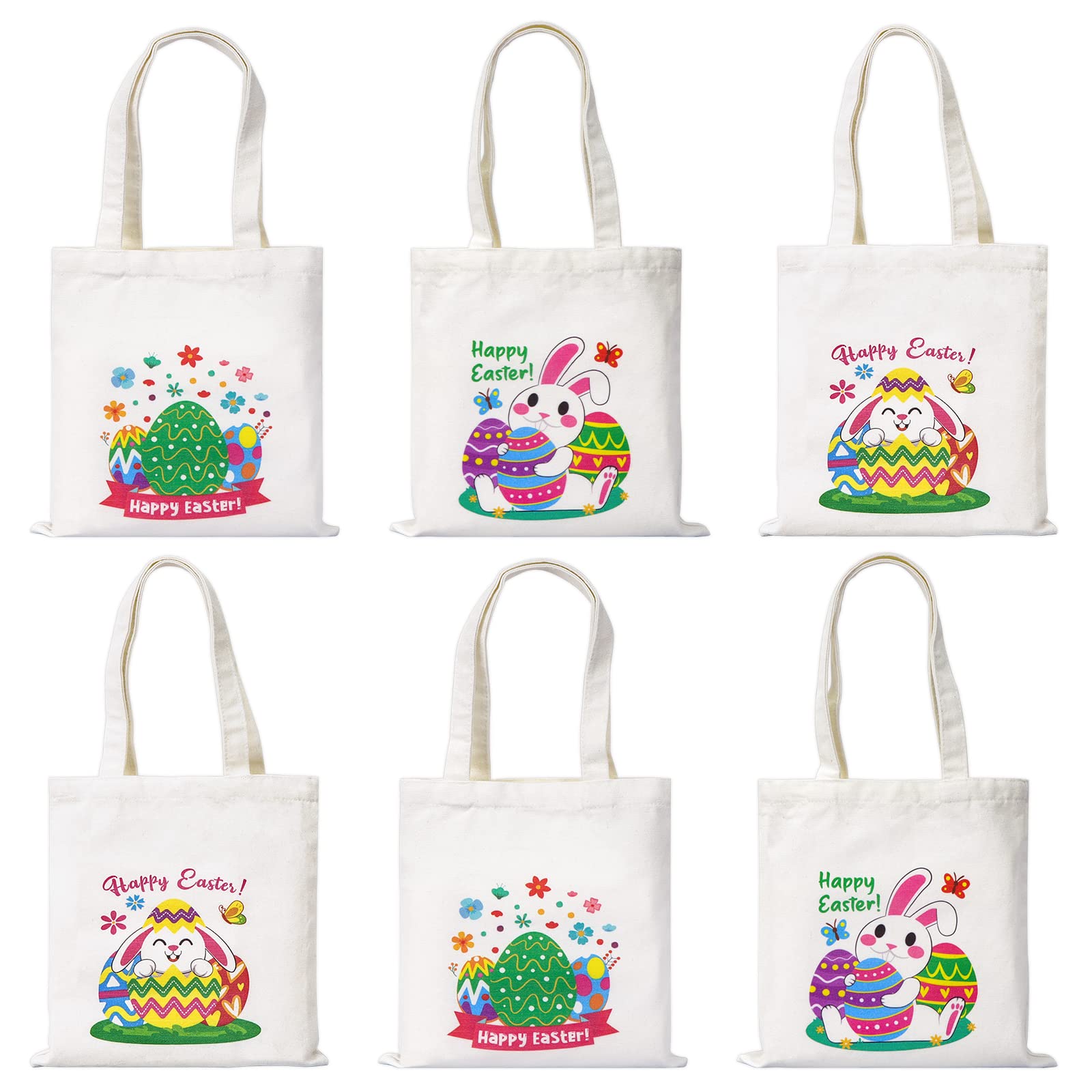 Easter Canvas Tote Bags - 6 Pack Reusable Grocery Bags for Easter Egg Hunts, Spring Birthdays & Kids Party Favors | Perfect for Easter Baskets, Shopping & Gift Giving