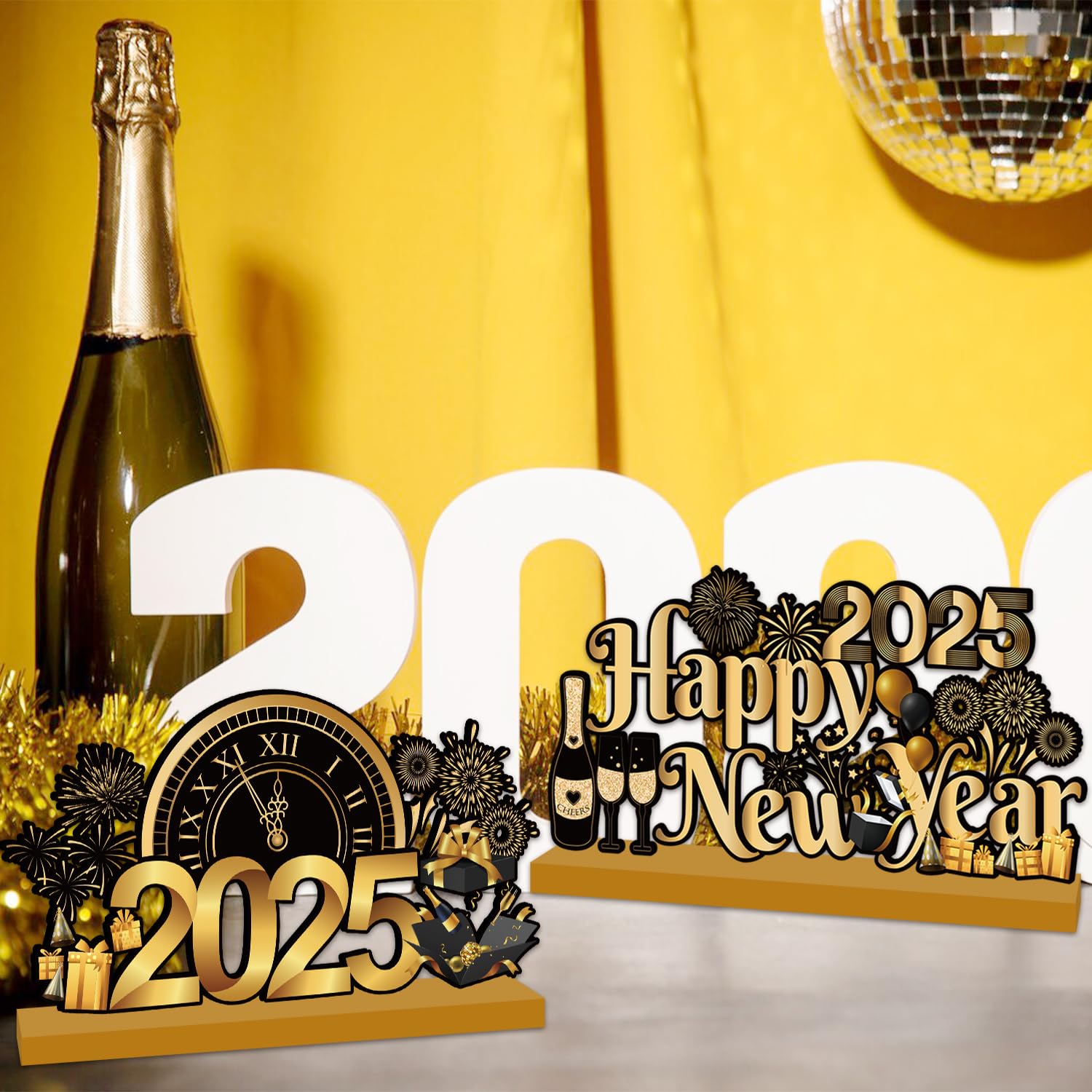 4 Pcs Happy New Year 2025 Wooden Table Centerpieces - Black Gold New Year Party Decorations for New Year's Eve, Christmas, Home & Office Celebrations
