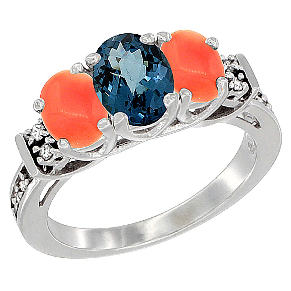 14K White Gold Natural London Blue Topaz & Coral Ring with 3-Stone Oval Diamond Accent - Sizes 5-10 | Elegant Jewelry for Weddings, Anniversaries & Special Occasions