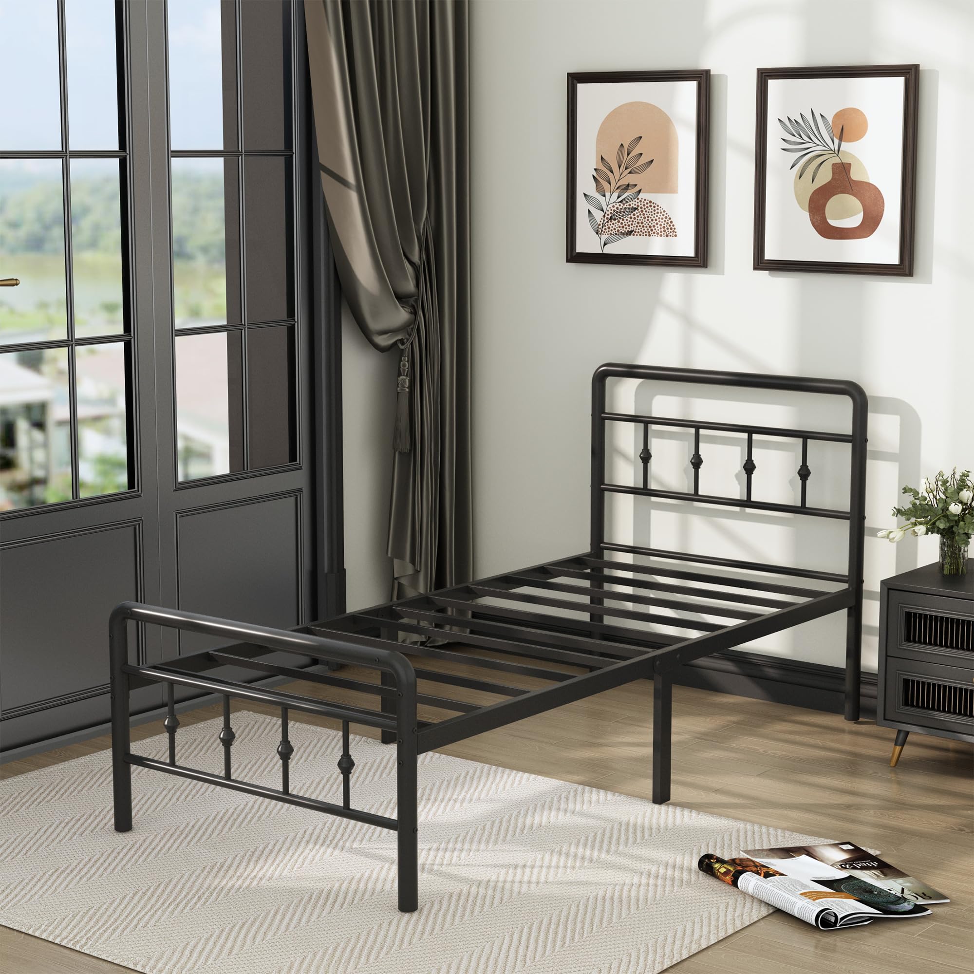 Classic Victorian Style Metal Twin Bed Frame with Headboard & Footboard - 16 Inch Heavy Duty Platform, No Box Spring Needed - Perfect for Guest Rooms, Kids' Bedrooms & Under Bed Storage