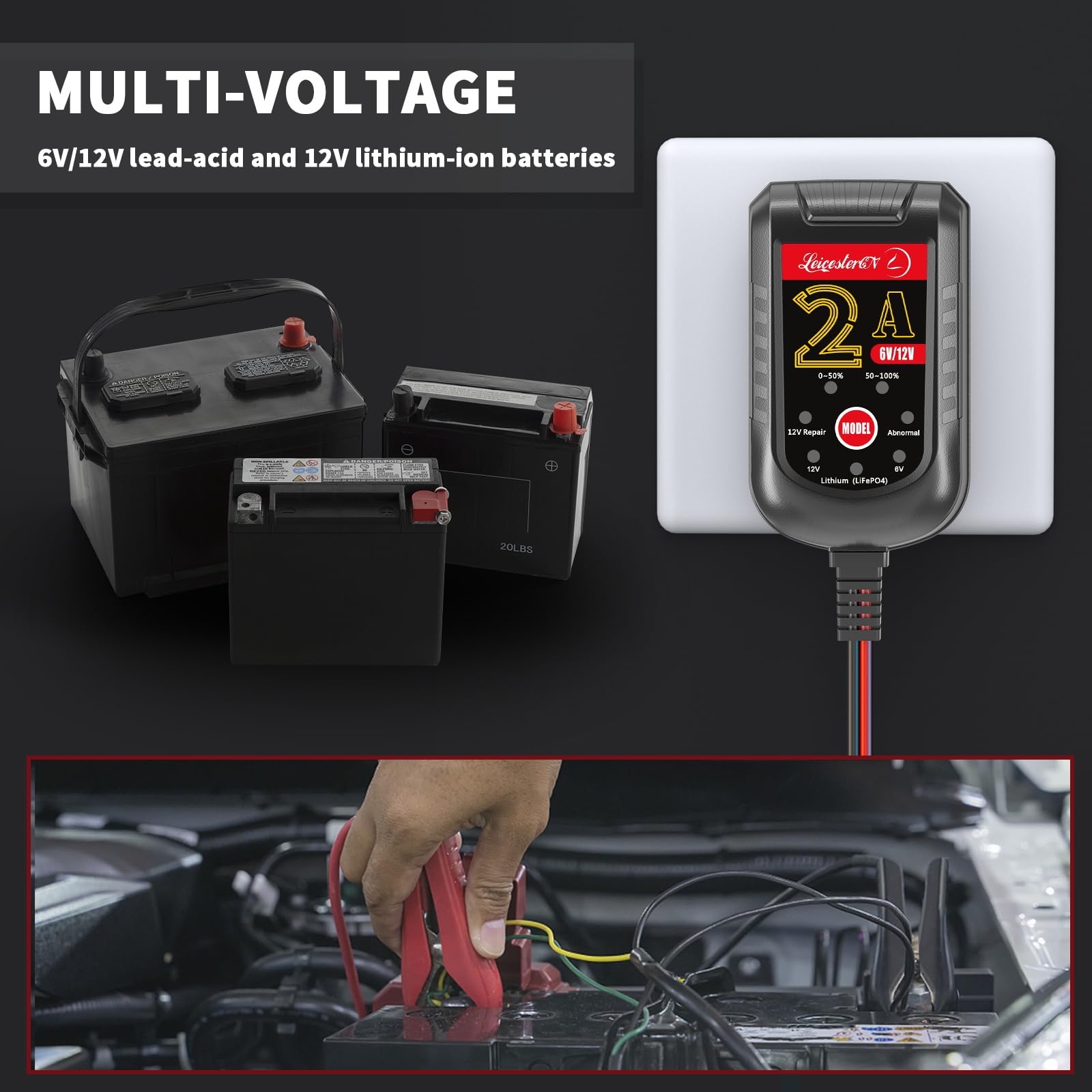 2A Smart Car Battery Charger 12V/6V - Automatic Battery Maintainer, Trickle Charger & Desulfator for Motorcycle, Boat, Lawn Mower - Supports Lithium (LiFePO4) & Lead-Acid Batteries - Perfect for Winter Storage & Seasonal Vehicle Maintenance (1 Pack)