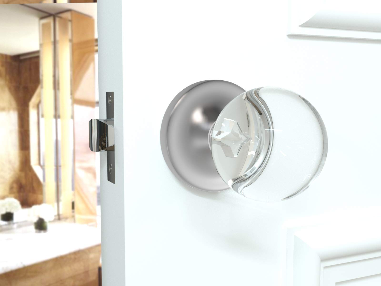 (7 Pack) Matte Chrome Privacy Round Ball Crystal Door Knobs with Round Rosette - Perfect for Bedroom, Bathroom & Closet Doors