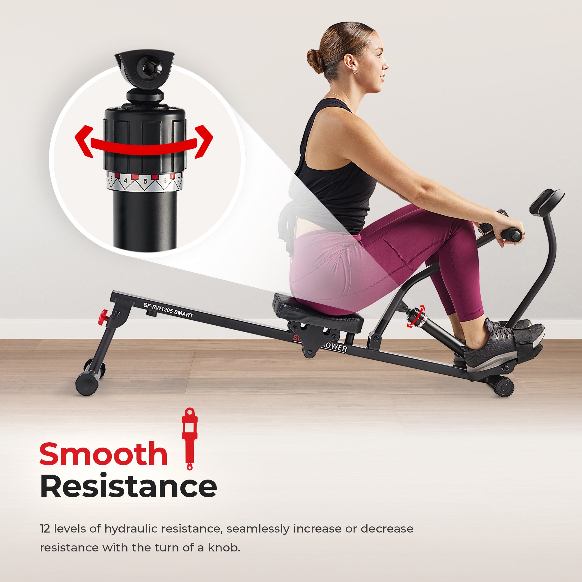 Smart Compact Hydraulic Rowing Machine with 12 Adjustable Resistance Levels - Perfect for Home Gym, Small Spaces & Full-Body Workouts