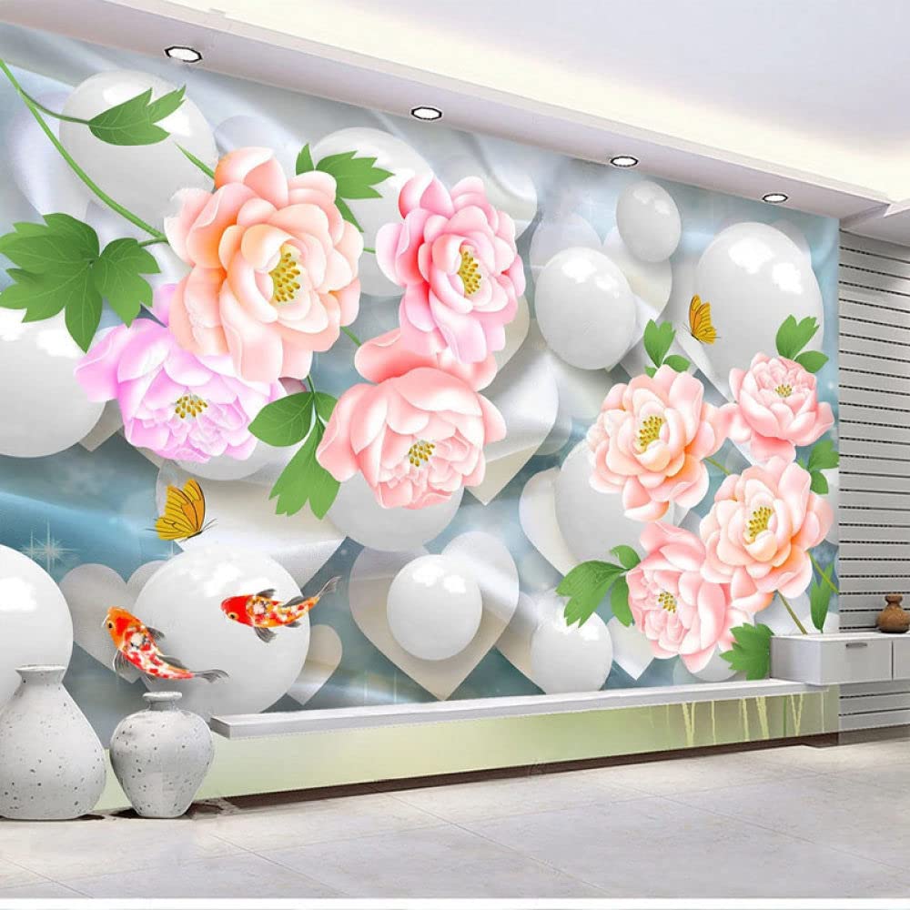 Abstract 3D Pink Peony Flower Leaves Ball Heart Koi Fish Print Large Self-Adhesive Wallpaper - Peel and Stick Removable Contact Paper Mural Vinyl for Kitchen, Bedroom Decor - Perfect for Accent Walls, Cabinet Liners & Home Renovation Projects