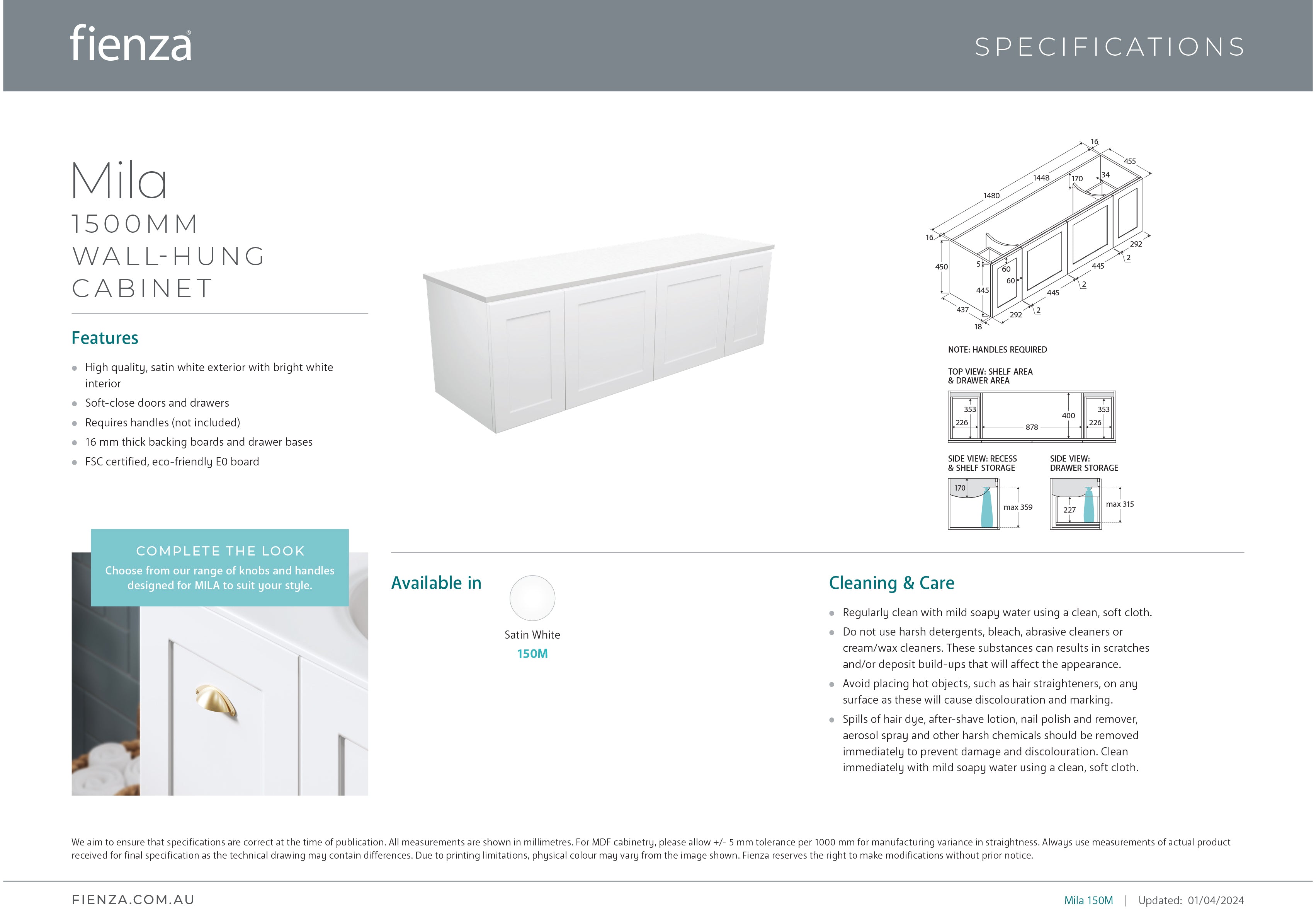 Fienza 150M Mila 1500mm Wall Mounted Bathroom Vanity Cabinet - Modern Floating Storage for Small Bathrooms & Powder Rooms