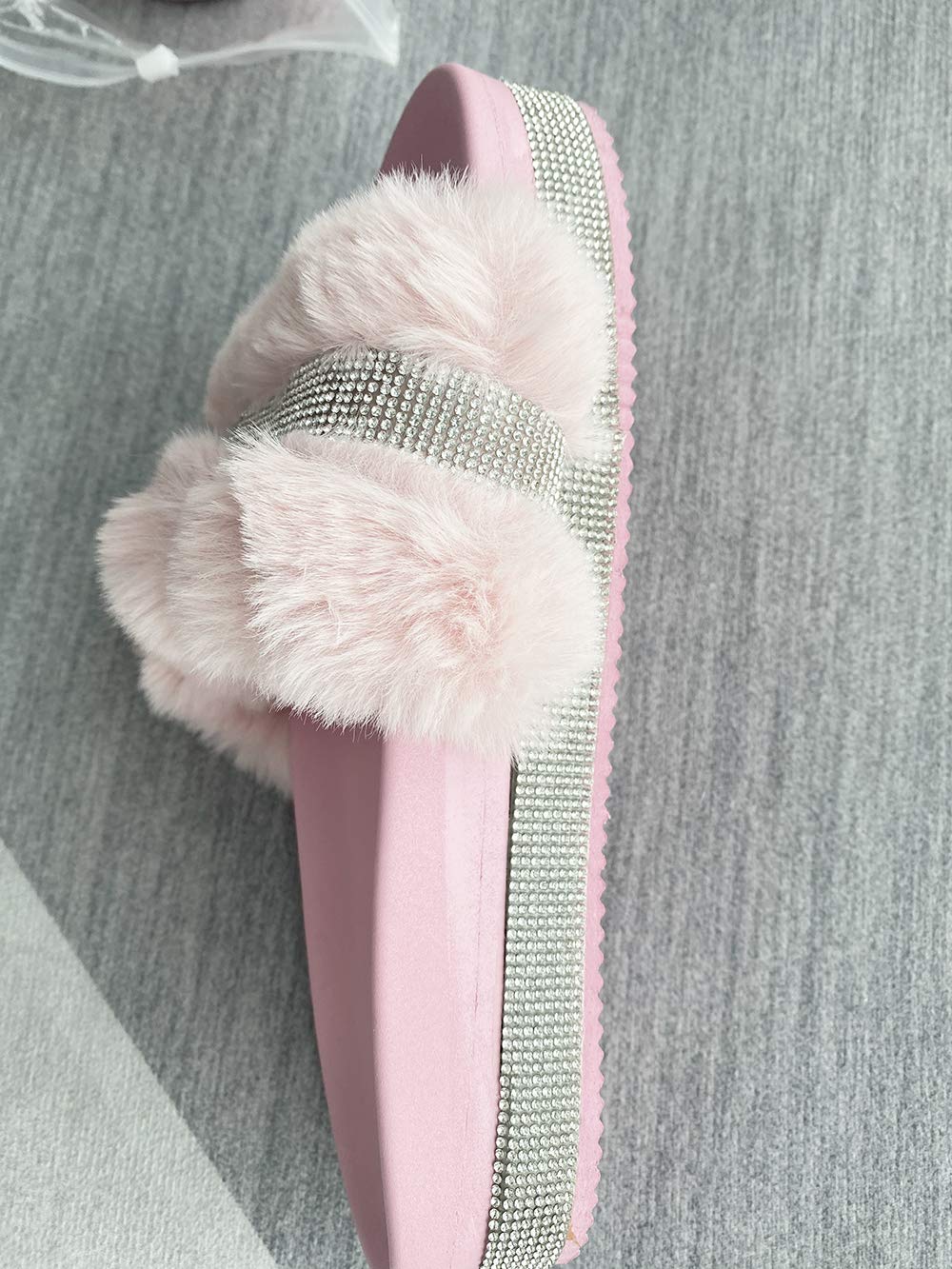 JITUUE Women's Light Slide Slippers - Faux Fur Rhinestone Slip-On Heel Flats with Platform - Open Toe Sandals for Indoor/Outdoor Use - Perfect for Lounging, Spa Days, and Beach Wear