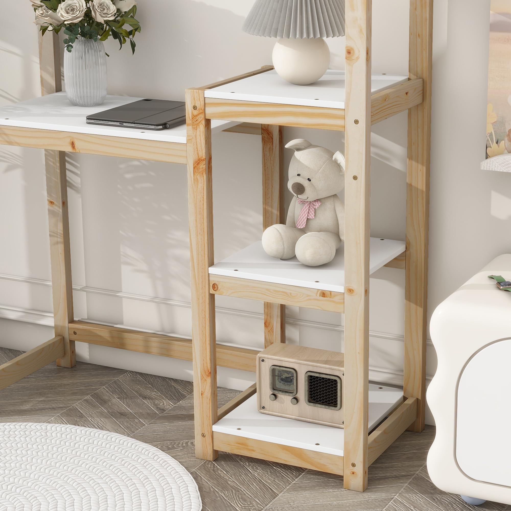 KEIKI Wooden House-Shaped Kids Study Desk with Bookshelf & Toy Storage - Natural Wood Children's Writing Table for Homework, Reading & Playroom Organization