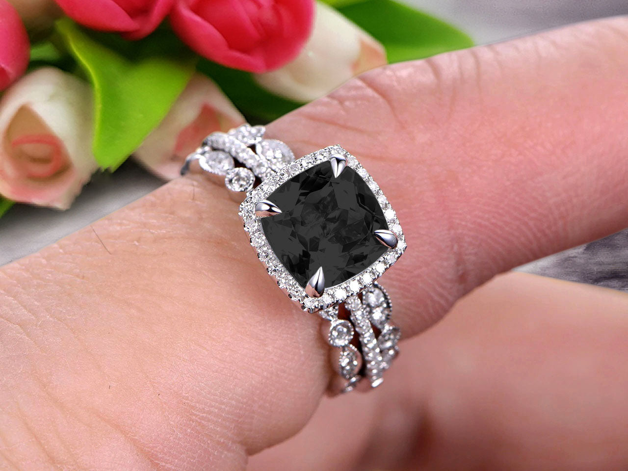 2 Carat Cushion Cut Black Diamond Moissanite Engagement Ring & Wedding Band Set in 10k White Gold, Art Deco Style Full Eternity Bridal Set - Perfect for Proposals, Anniversaries & Special Occasions