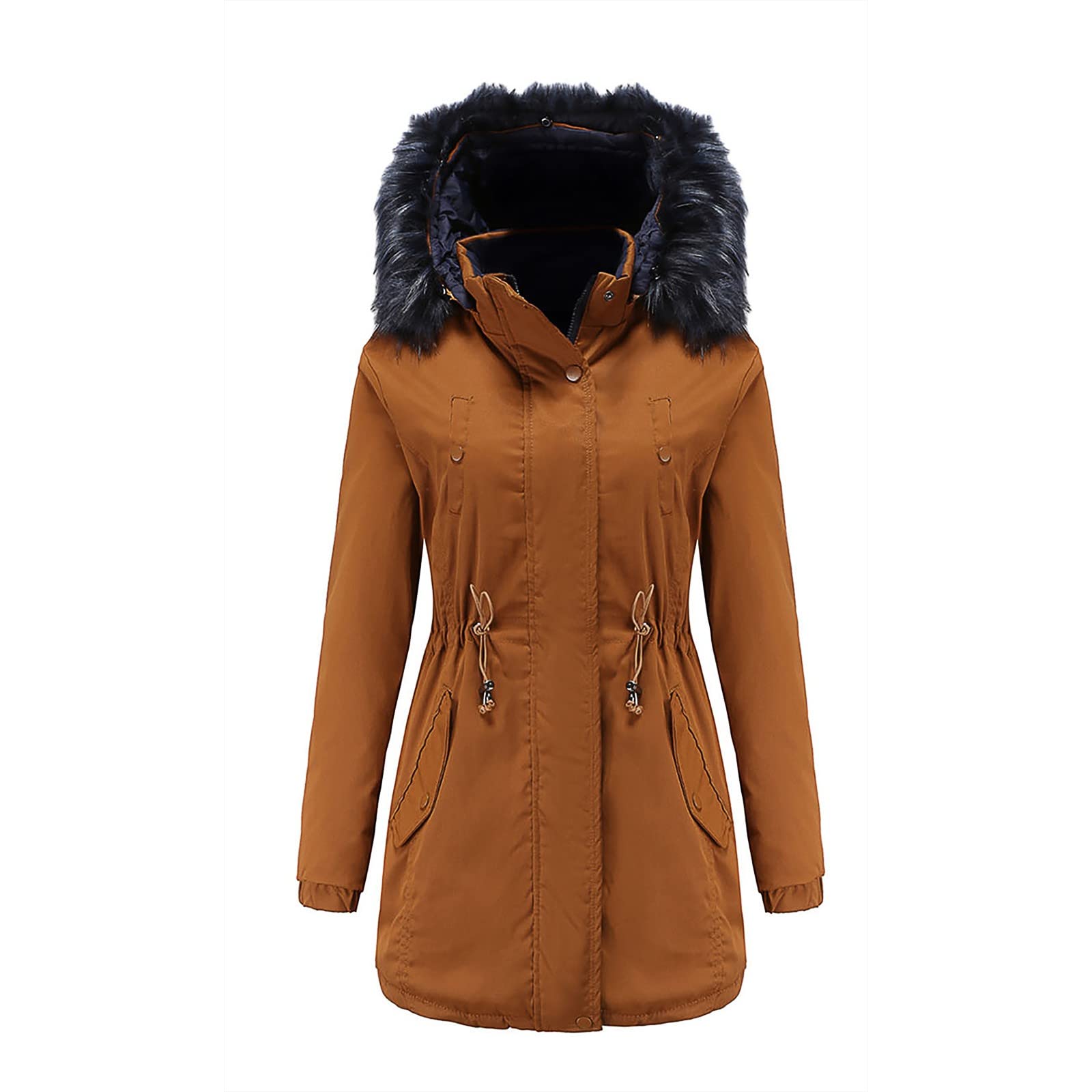 Women's Mid-Length Hooded Winter Coat - Fleece Lined, Cotton Padded with Fur Collar - Warm Solid Color Outerwear for Cold Weather | Perfect for Snow Days, Commuting & Outdoor Activities
