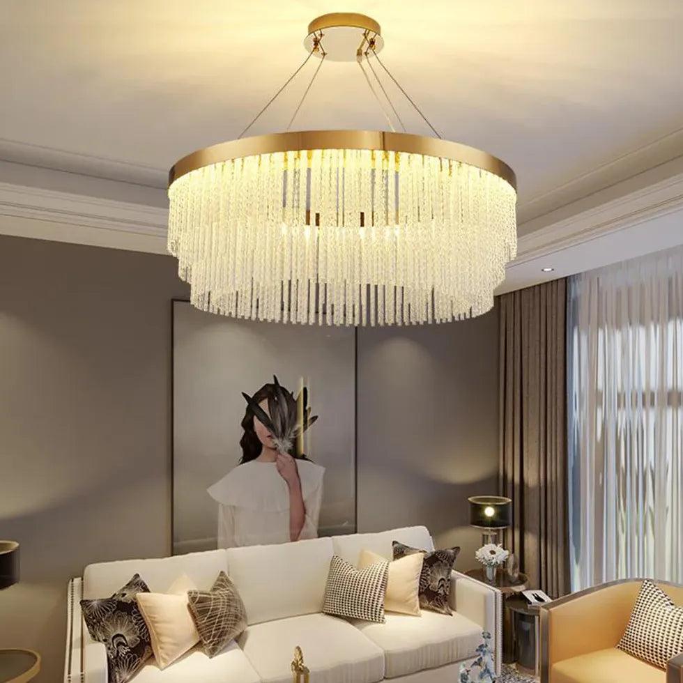 Elegant Crystal Tassel Gold Ring Pendant Chandelier - Vintage Bohemian Home Decor for Living Room, Bedroom, or Wedding Party Lighting