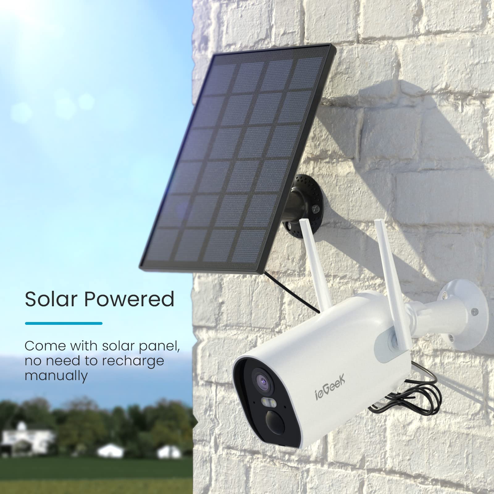 ieGeek 2K Solar-Powered Wireless Outdoor Security Camera with Color Night Vision, WiFi CCTV System, Motion Detection, Floodlight Alarm & 2-Way Audio - Ideal for Home Security, Backyard Monitoring & Business Surveillance