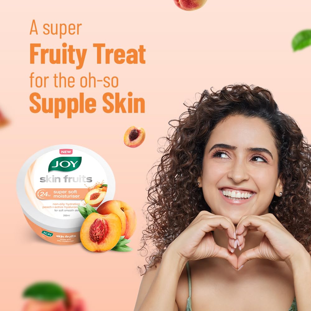 Joy Skin Fruits Super Soft Moisturizer with Peach & Hyaluronic Acid (200ml) - 24H Hydrating Face, Hands & Body Cream | Oil-Free, Non-Greasy Formula for Soft, Smooth Skin | Perfect for Dry Skin Care, Night Routine & Daily Hydration