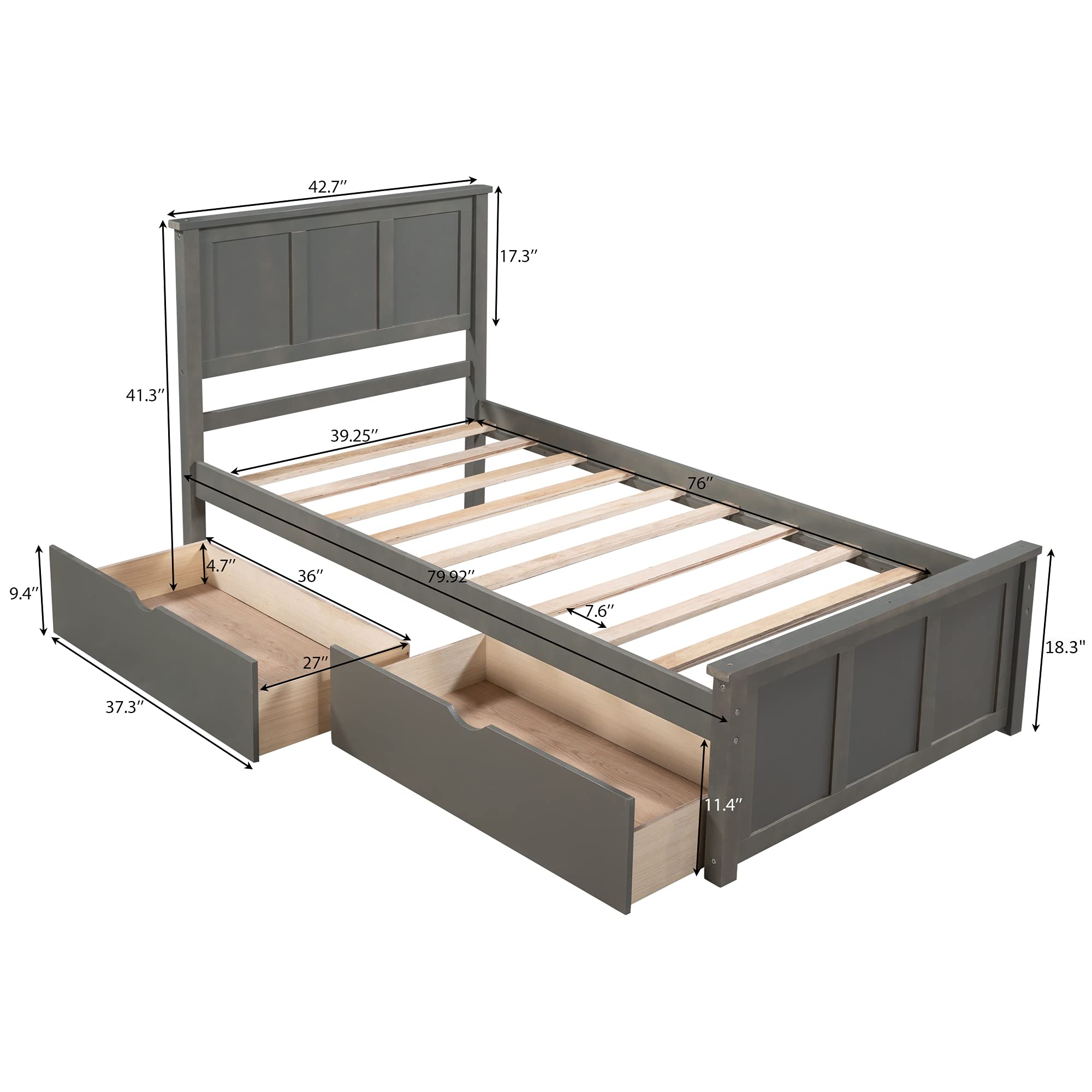 MERITLINE Twin Size Wooden Bed Frame with Headboard & Under Bed Storage Drawers - Grey Platform Bed for Kids, Teens, Boys and Girls | Perfect for Small Bedrooms, Guest Rooms & Dormitories