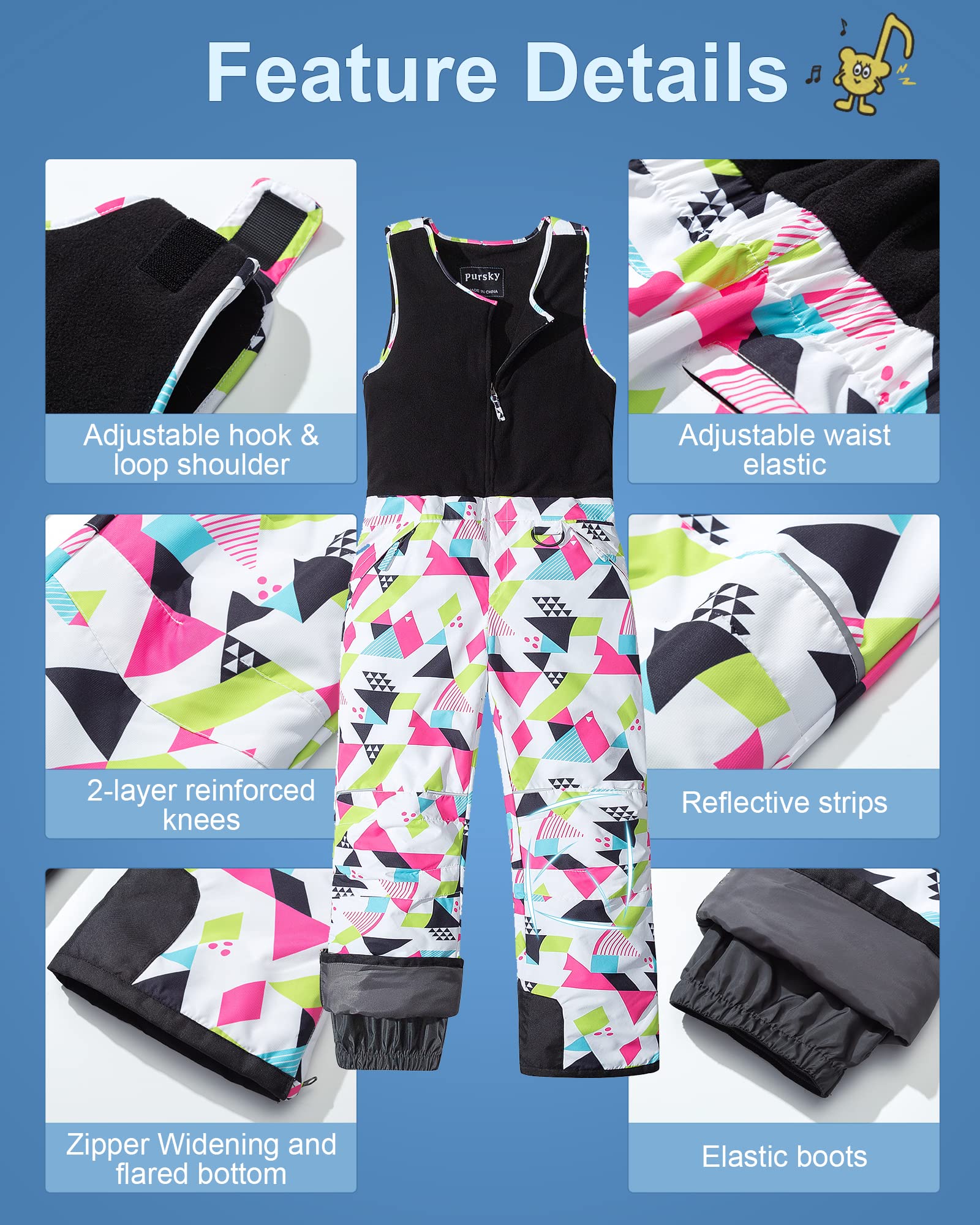 Pursky Kids Snow Pants for Girls - Insulated Waterproof Winter Ski Bibs with Fleece Lining | Warm Snowboarding Overalls & Snowbibs for Skiing, Sledding & Outdoor Winter Activities