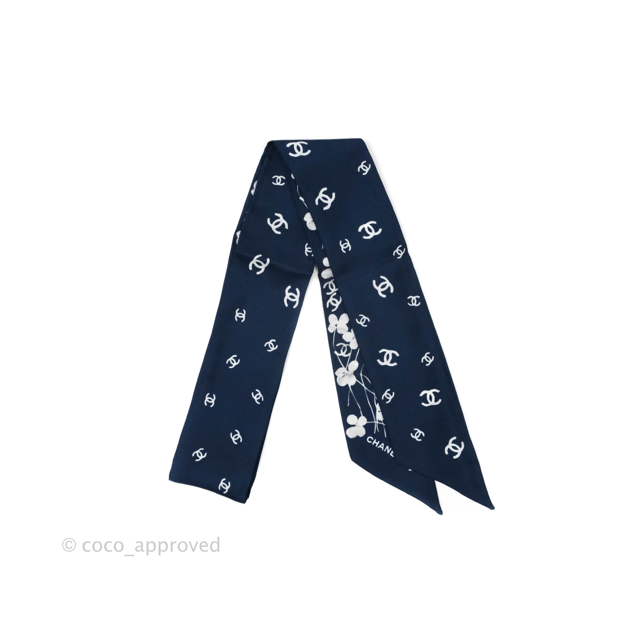 Chanel CC Flora Print Silk Scarf Twilly - Navy & White Luxury Fashion Accessory for Women | Perfect for Handbags, Hats & Gift Giving