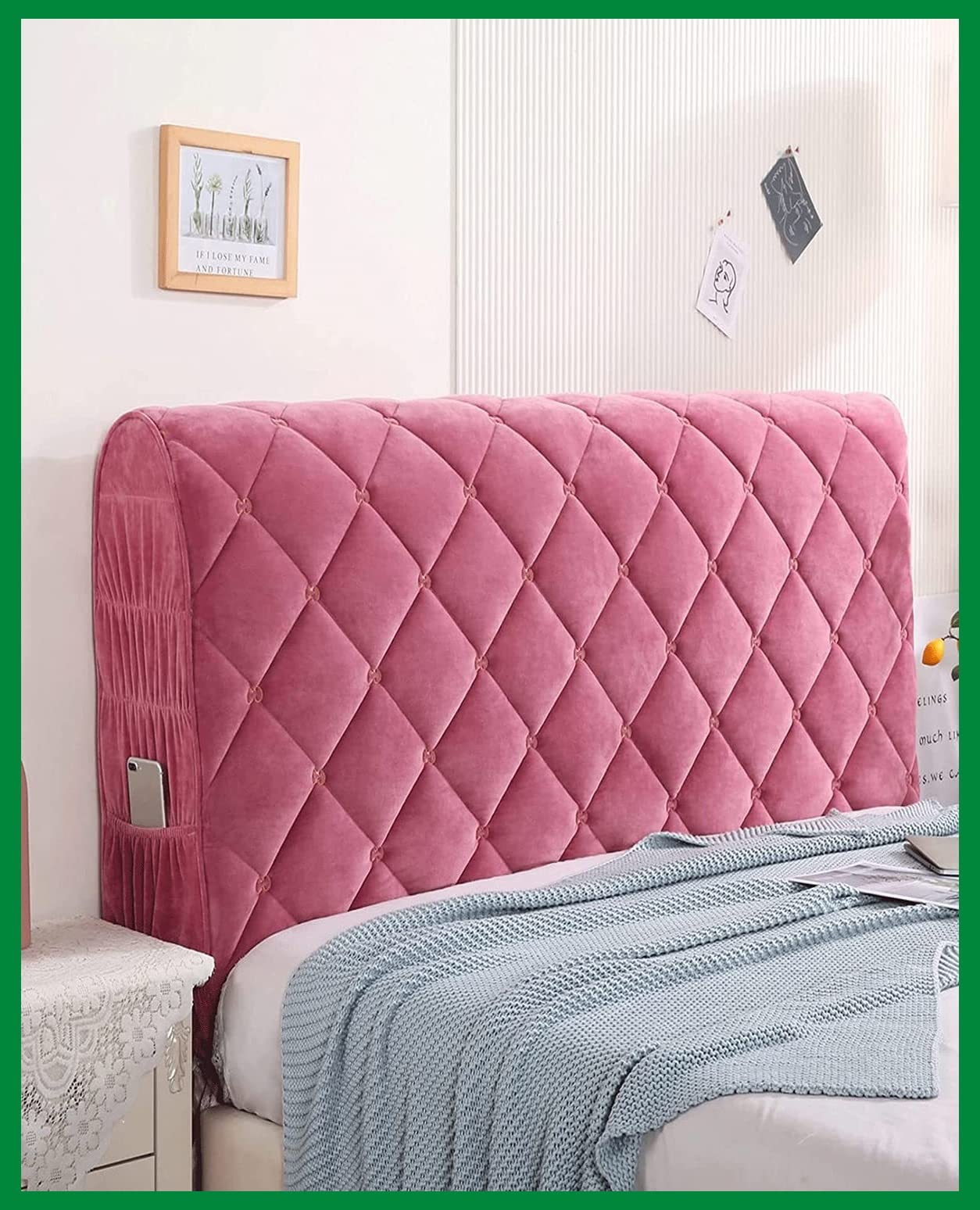 Embroidered Double-Sided Thickening Anti-Collision Headboard Slipcover - 360° Full Coverage Suede Headboard Protector with Stretch Quilted Design & Curved Side Storage Pockets | Perfect for Bedroom Decor, Guest Rooms, and Home Staging