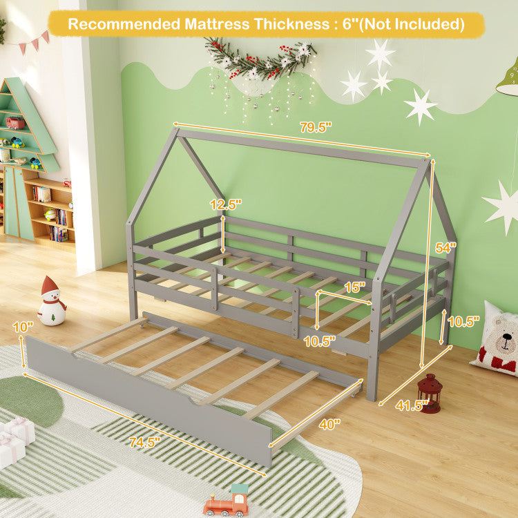 Costway Twin Size House Bed Frame with Trundle, Fence Rail & Roof Design - Kids Playhouse Bed for Bedroom, Playroom & Nursery (White)