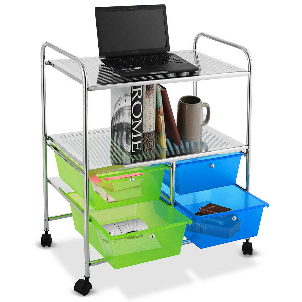 Blue Green 4-Drawer Rolling Storage Cart with 2 Open Shelves - Organize Towels, Toiletries, Books & Office Supplies - Perfect for Kitchen, Bathroom & Office Organization
