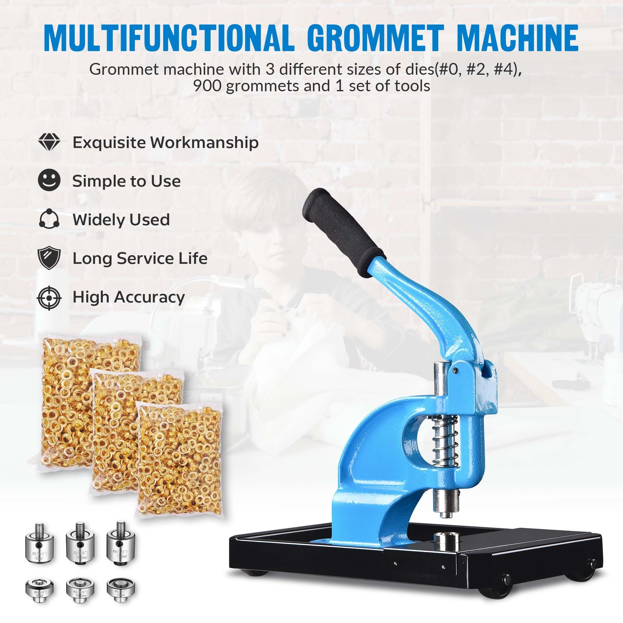 Heavy Duty #0/#2/#4 Die Hand Press Grommet Machine with Rolling Base - 900pcs Eyelets & Washers Punch Tool Kit (YES0389) for Leather, Fabric, Canvas, and DIY Projects