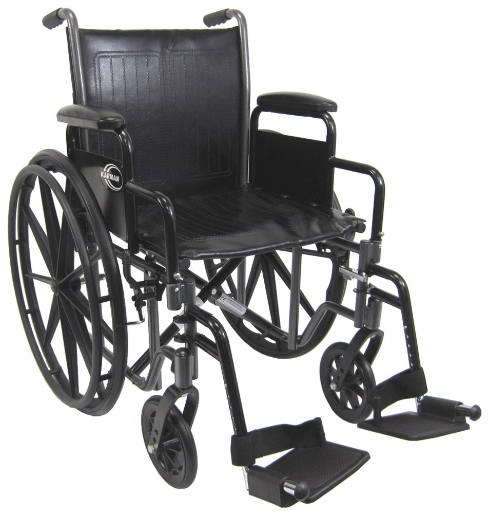 Karman Healthcare T-2017-BK Foldable Steel Transport Wheelchair with Detachable Footrests - Lightweight Mobility Chair for Travel & Doctor Visits (Black, 17