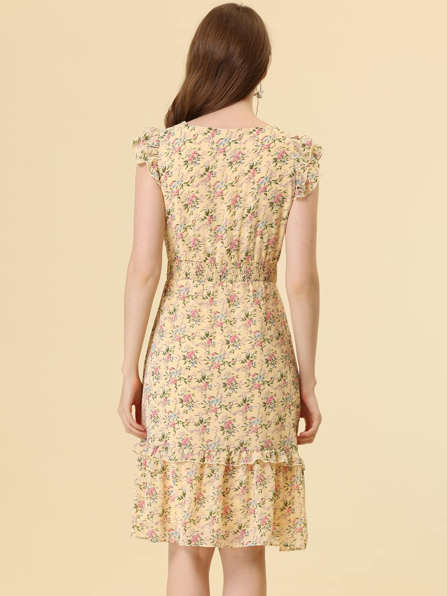 Allegra K Women's Floral Print Flutter Sleeve V-Neck Smocked Ruffle Midi Dress for Summer Wedding, Garden Party & Date Night