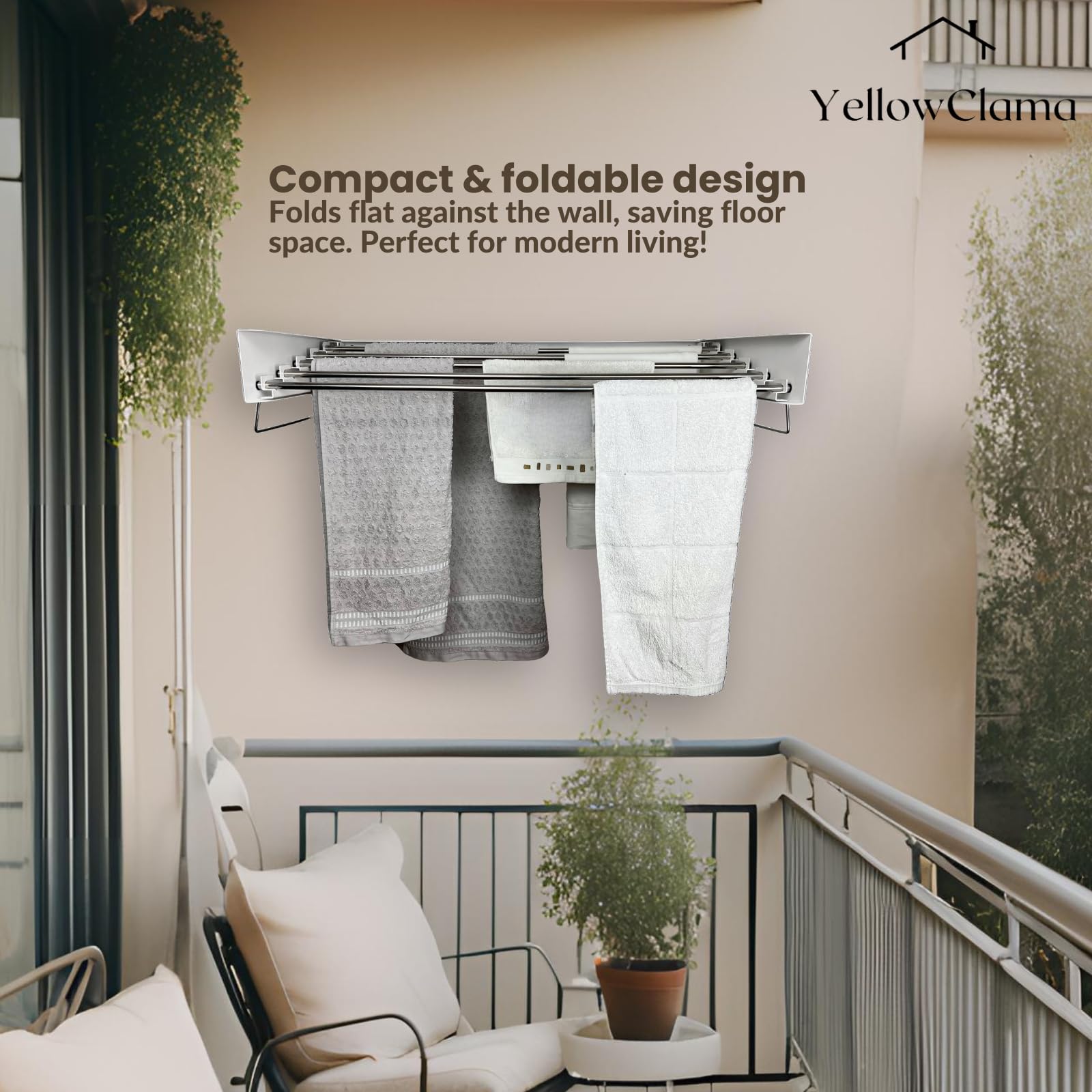 Wall Mounted Drying Rack - Space Saving Foldable Laundry Rack with 5 Stainless Steel Rods, Wall Template & 2 Hanger Supports (31.5