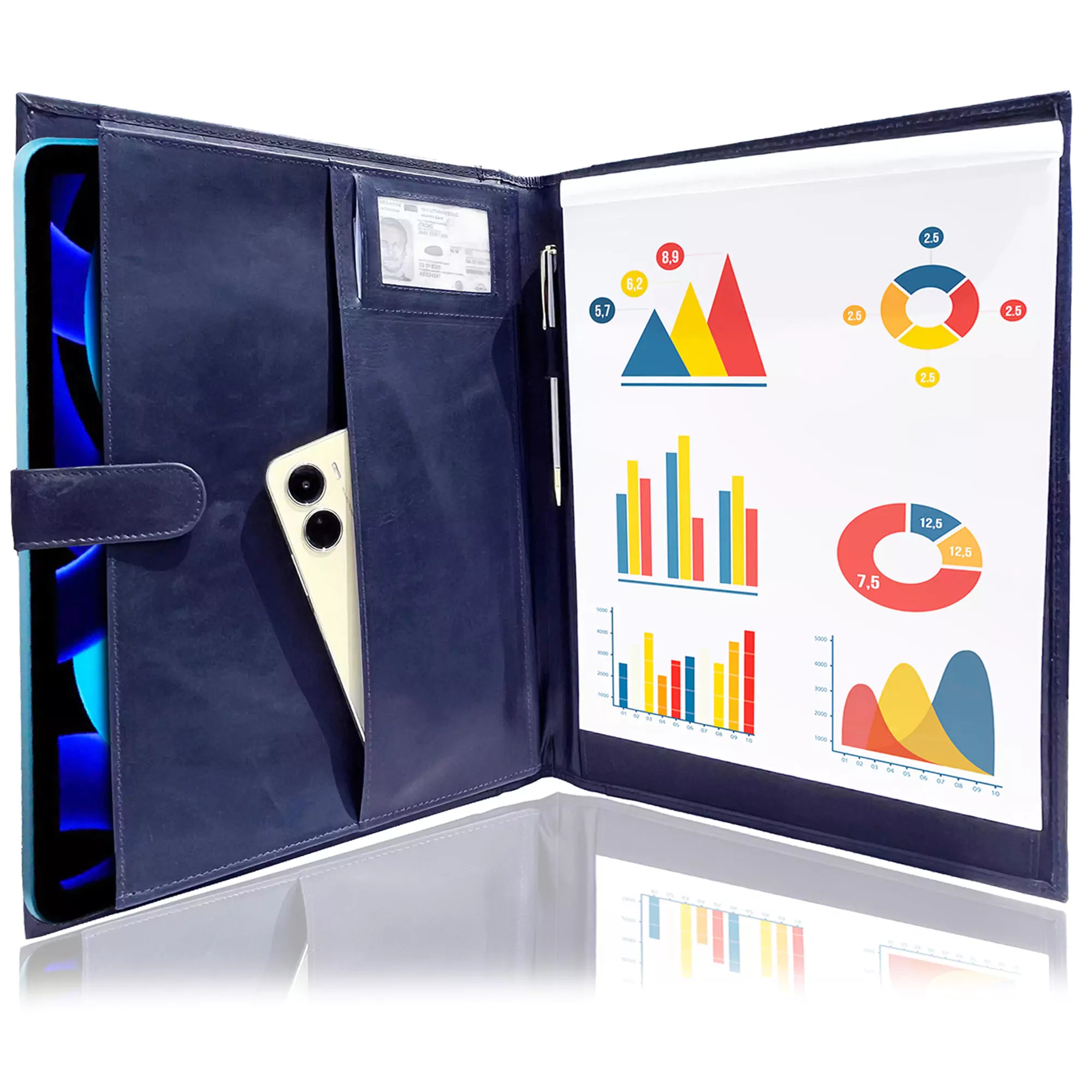 Handmade Genuine Leather Padfolio - Professional Document Organizer with Notepad Holder (Blue) - Perfect for Business Meetings, Office Use & Gifts