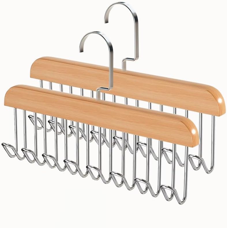 ROLYWARE Wooden Belt Hanger with 8 Hooks - Sturdy Non-Slip Rotating Belt Rack for Closet & Wardrobe Organization - Space Saving Display for Belts, Hats, Bra & Tank Tops (Natural Wood, 1) - Perfect for Bedroom, Closet & Dorm Storage Solutions