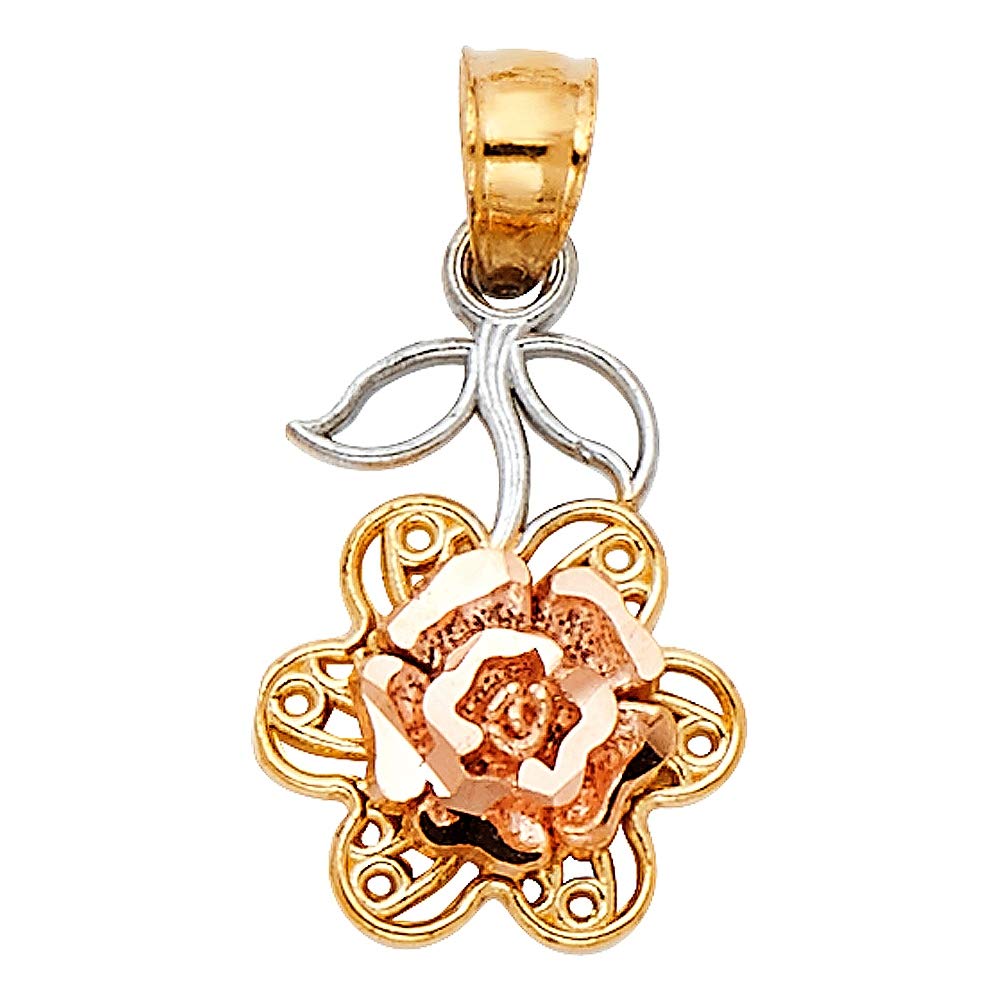 14K Yellow Gold, White Gold & Rose Gold Rose Pendant Necklace - 10x13mm Elegant Jewelry Gift for Women | Valentine's Day, Anniversary & Birthday Present