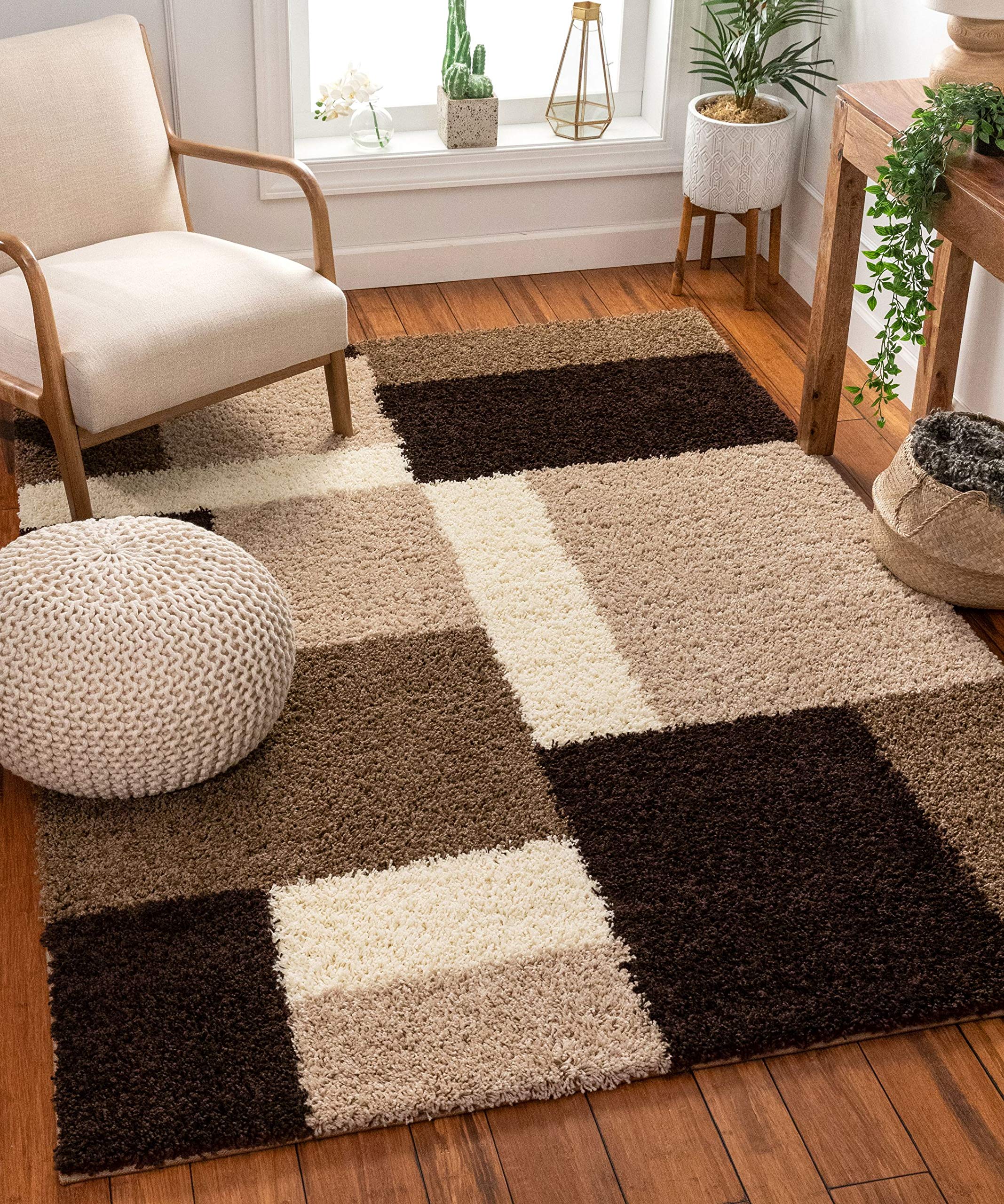 Well Woven Madison Shag Cubes Beige/Brown Modern Area Rug 5' X 7'2'' - Soft Plush Living Room Carpet for Bedroom, Nursery & Home Decor