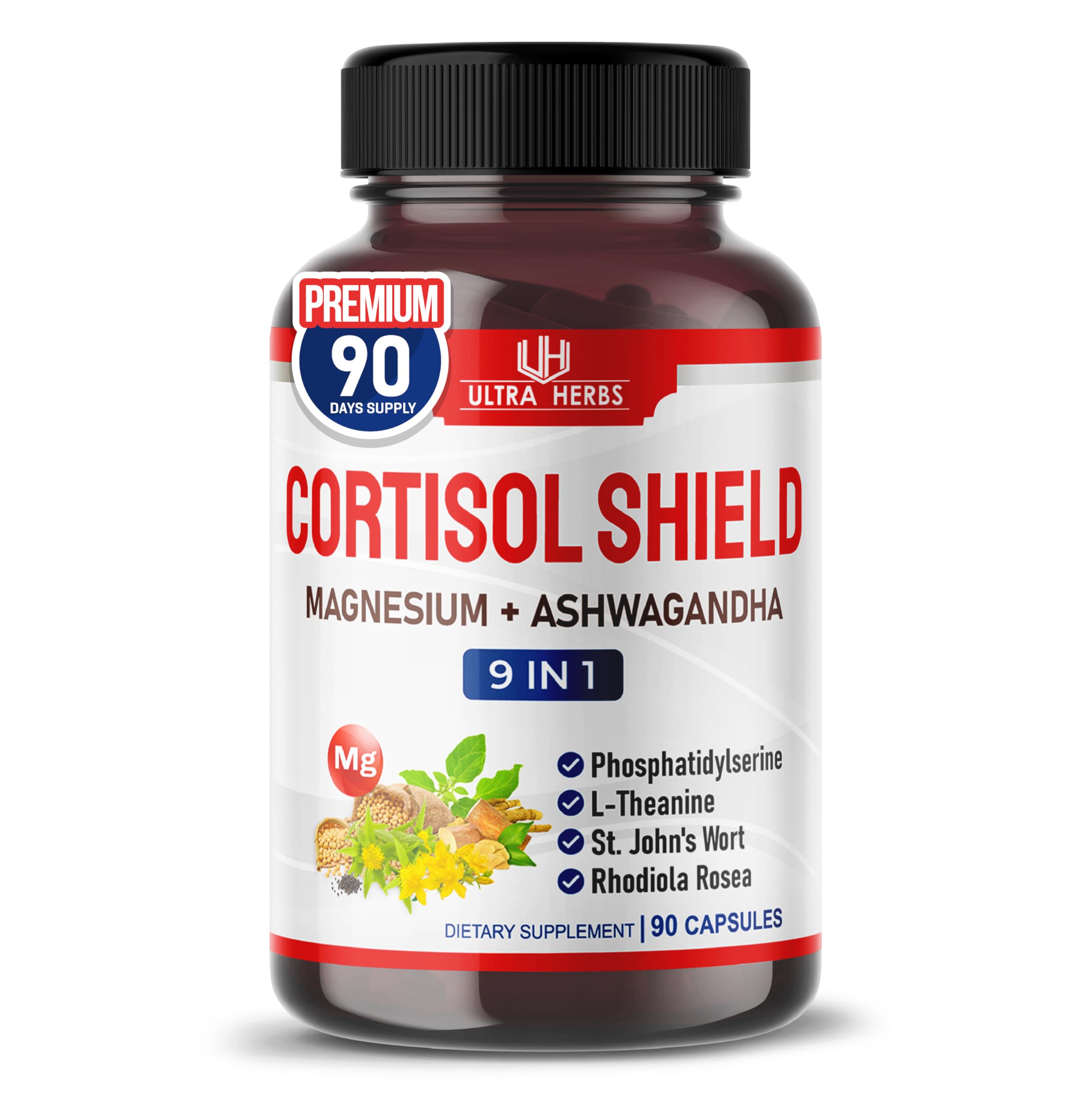 CORTISOL Shield 9-in-1 Stress Relief Supplement with Magnesium, Ashwagandha, Phosphatidylserine & L-Theanine - Supports Relaxation, Hormone Balance & Mood - Made in USA (90 Capsules) - Perfect for Work Stress, Anxiety Relief & Better Sleep