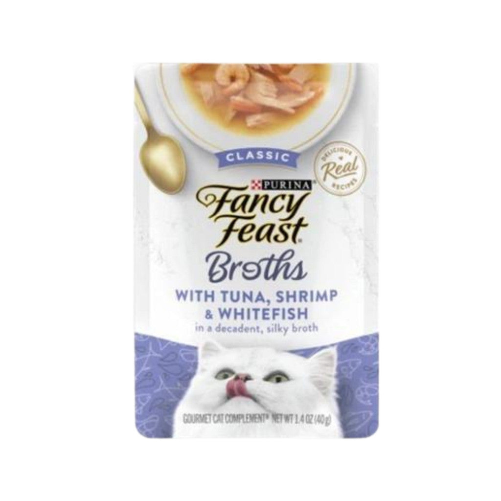 Fancy Feast Classic Broth Cat Food - 40g Pouch with Chicken, Vegetable, Tuna, Shrimp & White Fish - High Protein Wet Cat Food for Adult & Senior Cats - Perfect for Picky Eaters & Hydration Boost