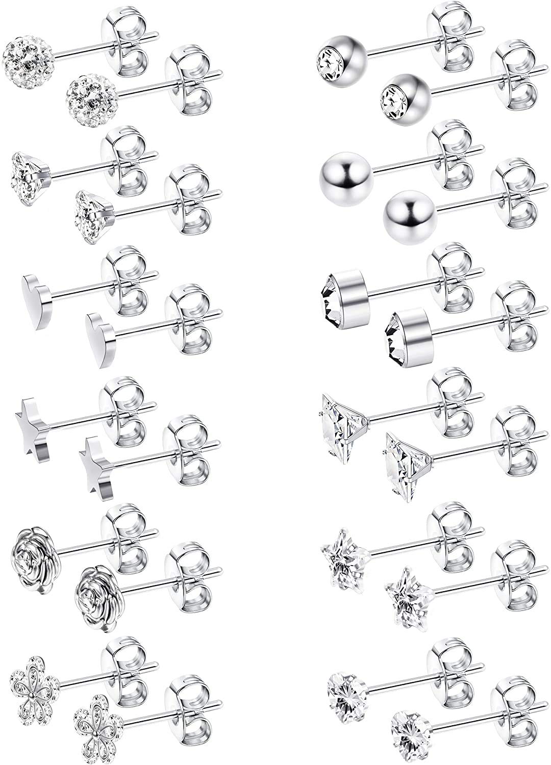 12 Pairs Dainty Surgical Steel Earrings for Women - CZ Flower Heart Star Ball Studs Set, Tragus & Cartilage Earrings | Perfect for Everyday Wear, Gifts & Special Occasions